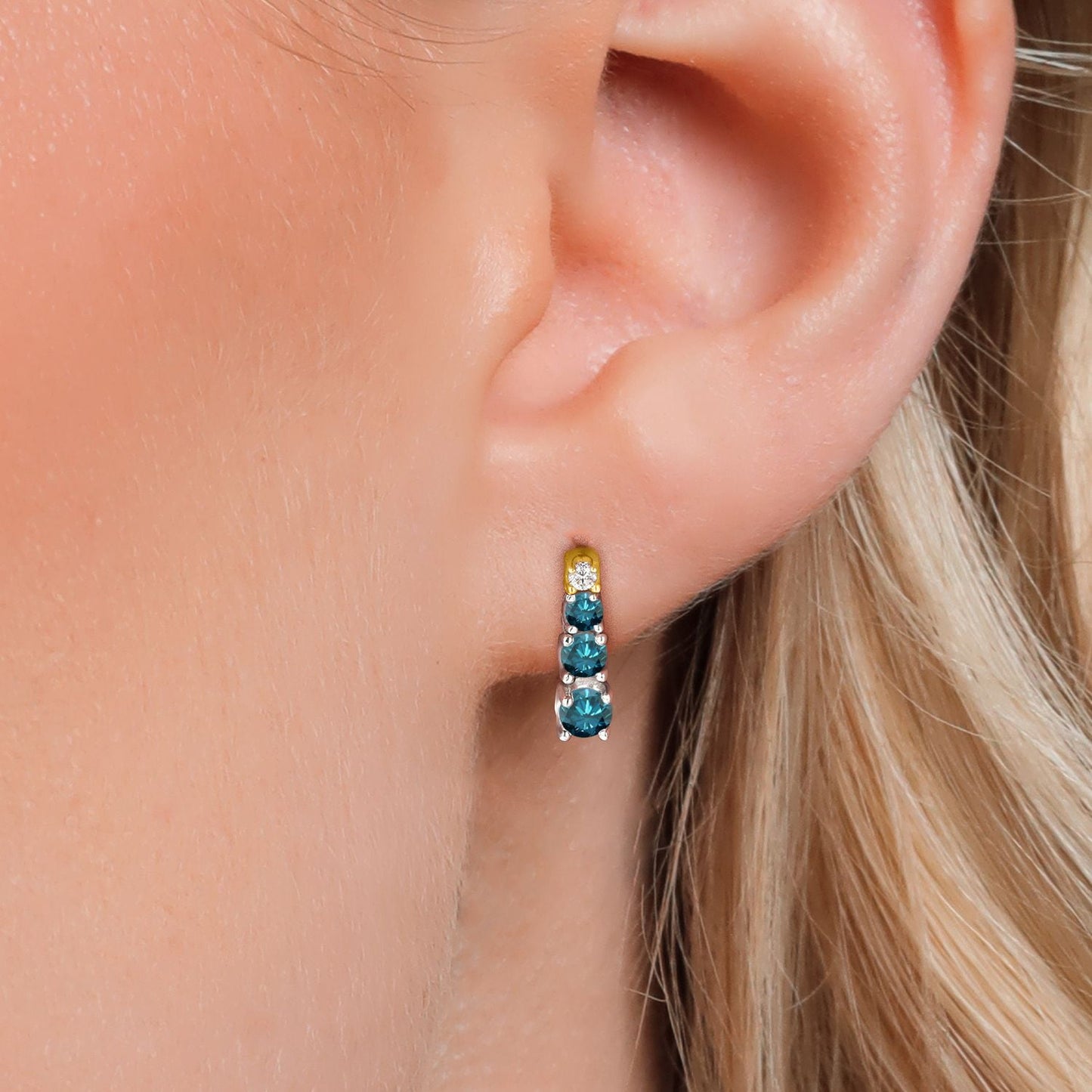 Gem Stone King 0.40 Ct Round Blue Diamond and Created Moissanite 925 Silver and 10K Yellow Gold Earrings