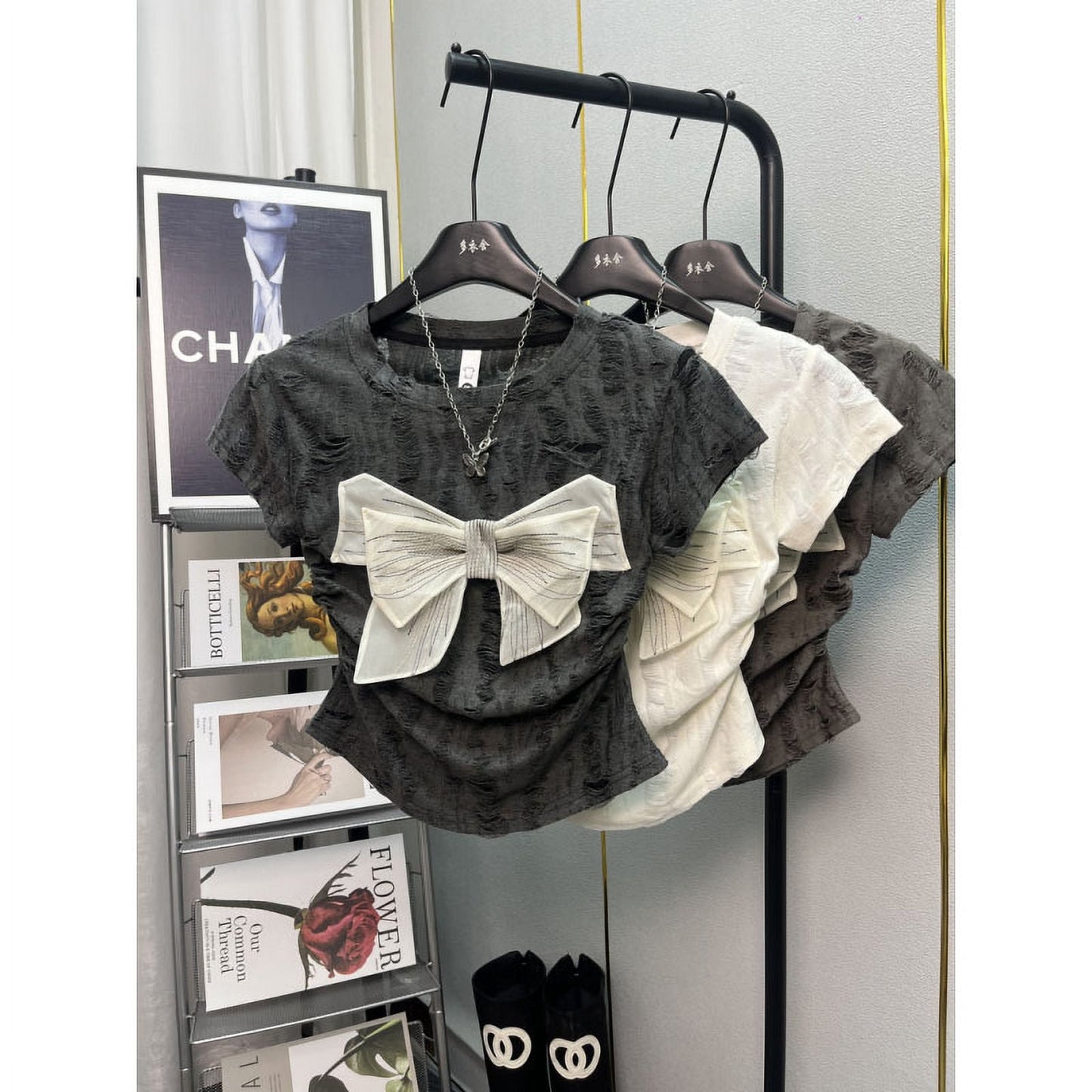 2024 Summer New Women's Crew Neck Hole Spliced Bow Solid Color Chic Slim Fashion Short Sleeve Commuter All-match T-shirt Tops
