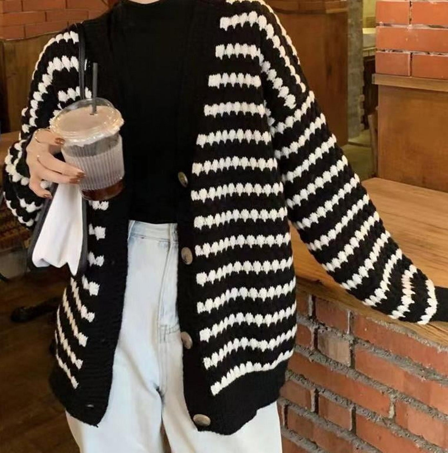 Women Sweaters Coat Striped Knitted Cardigans Deep V neck Plus Size Autumn Tops Winter Undershirts black white US size6-16