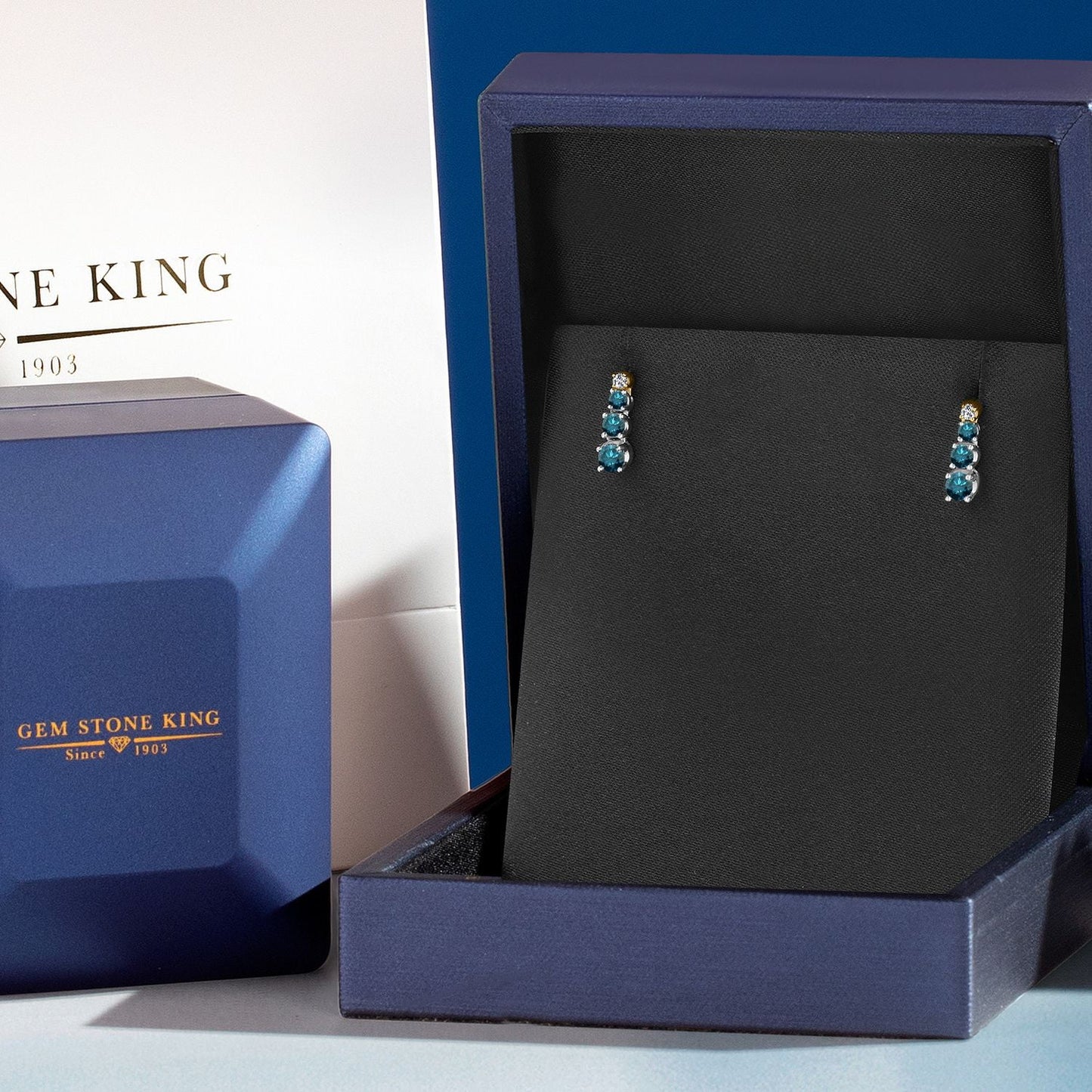 Gem Stone King 0.40 Ct Round Blue Diamond and Created Moissanite 925 Silver and 10K Yellow Gold Earrings