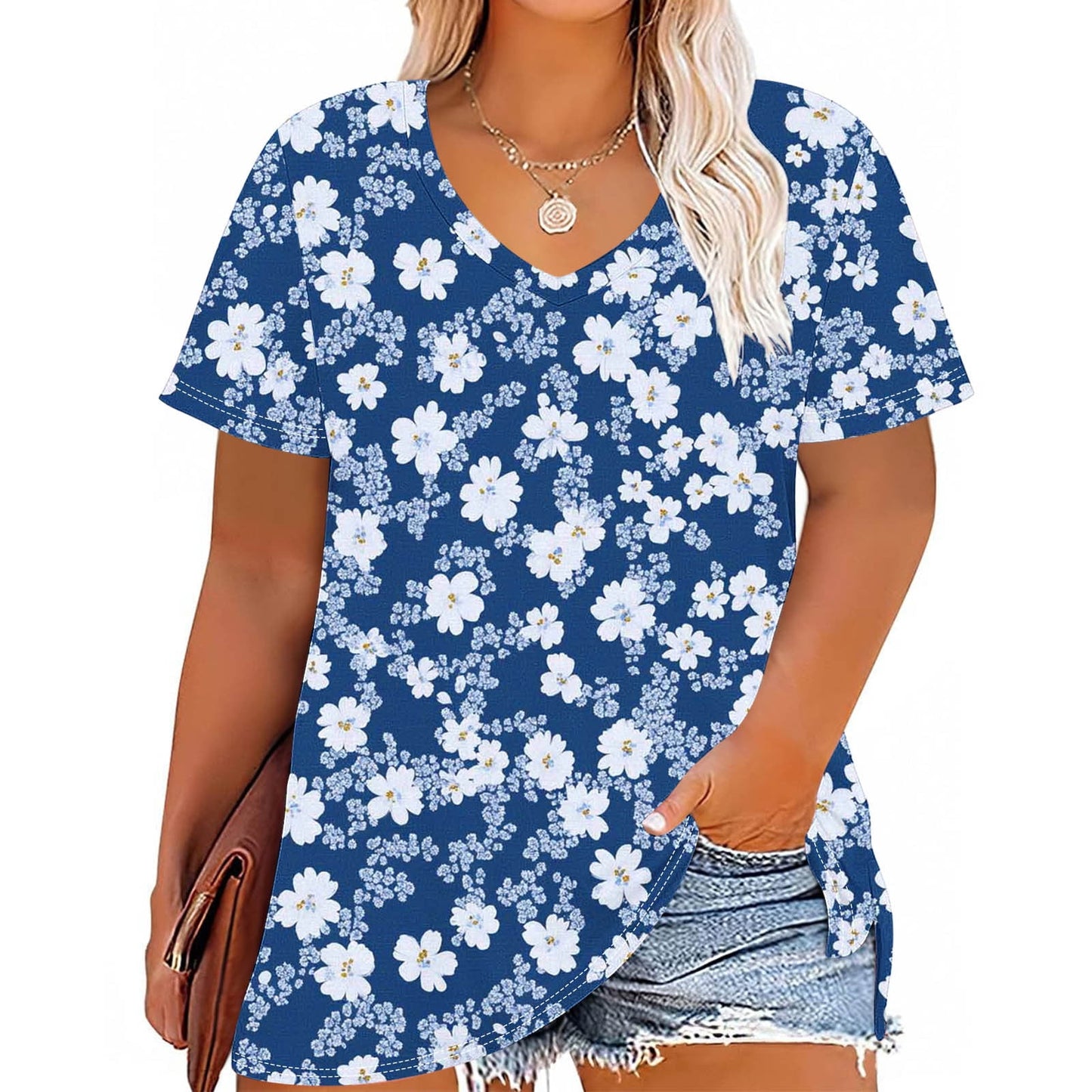 Ofreoo Women's Plus-Size V-Neck Short Sleeve Printing Base Shirt on Clearance