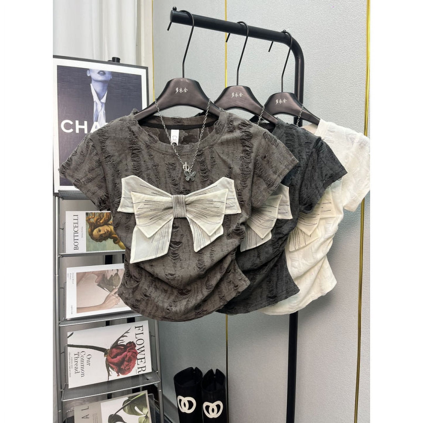2024 Summer New Women's Crew Neck Hole Spliced Bow Solid Color Chic Slim Fashion Short Sleeve Commuter All-match T-shirt Tops