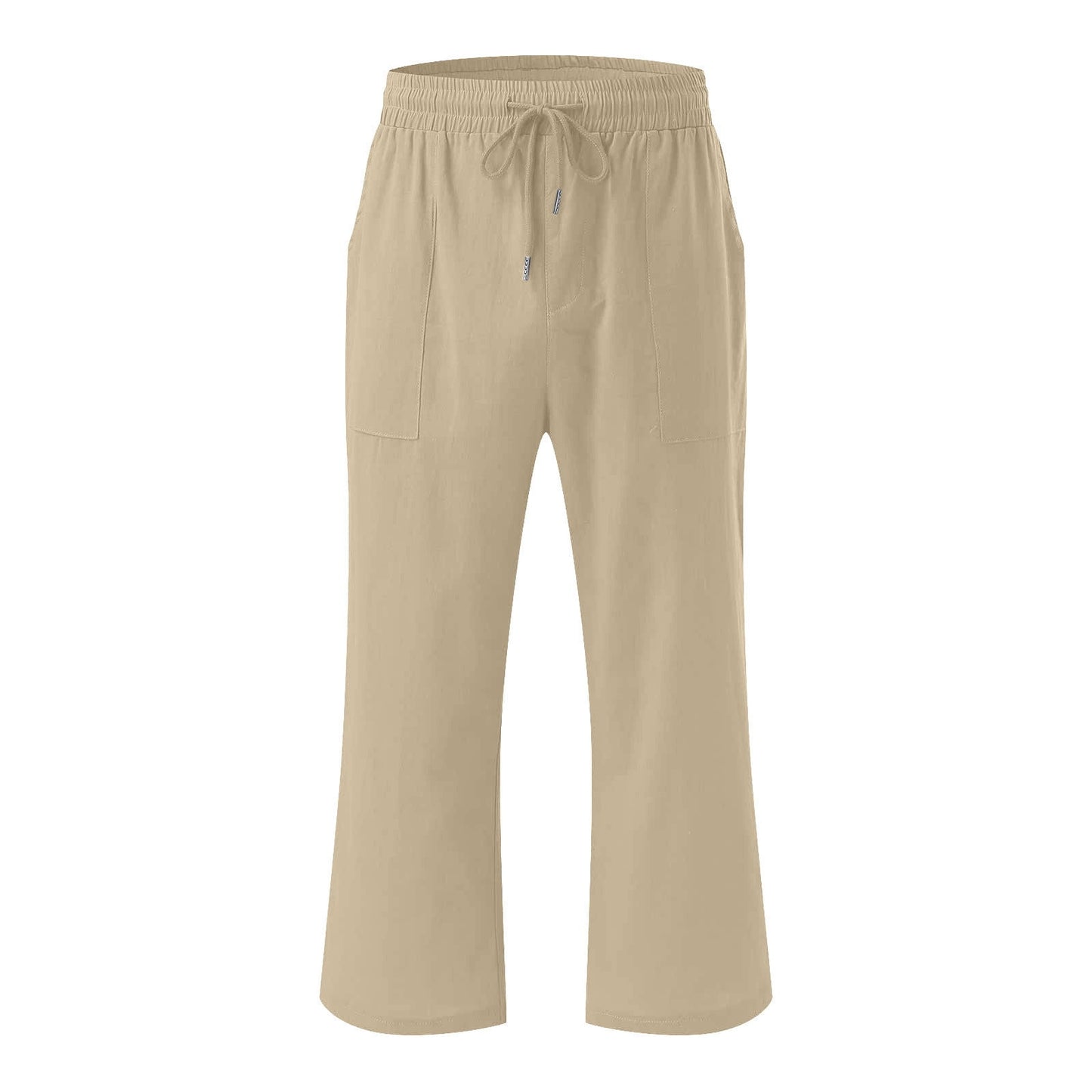Women Plus Size Cotton Linen Capris Casual Solid Drawstring Elastic High Waist Pants with Pockets Loose Wide Leg Trousers(5XL,Khaki)