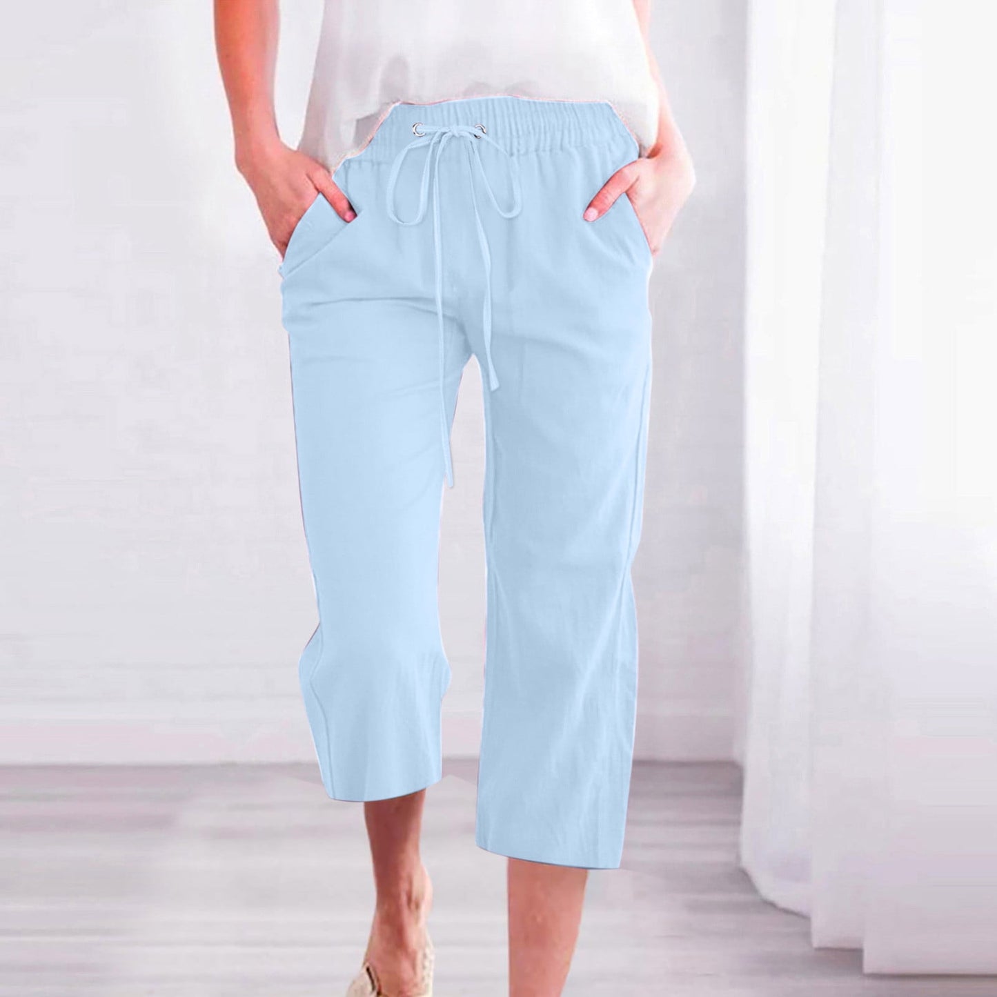 Womens Casual Cotton Linen Pants Summer Capris Tie Elastic Wasit Cropped Leg Pants Plus Size Wide Leg Loungewear Pants (M,Light Blue)