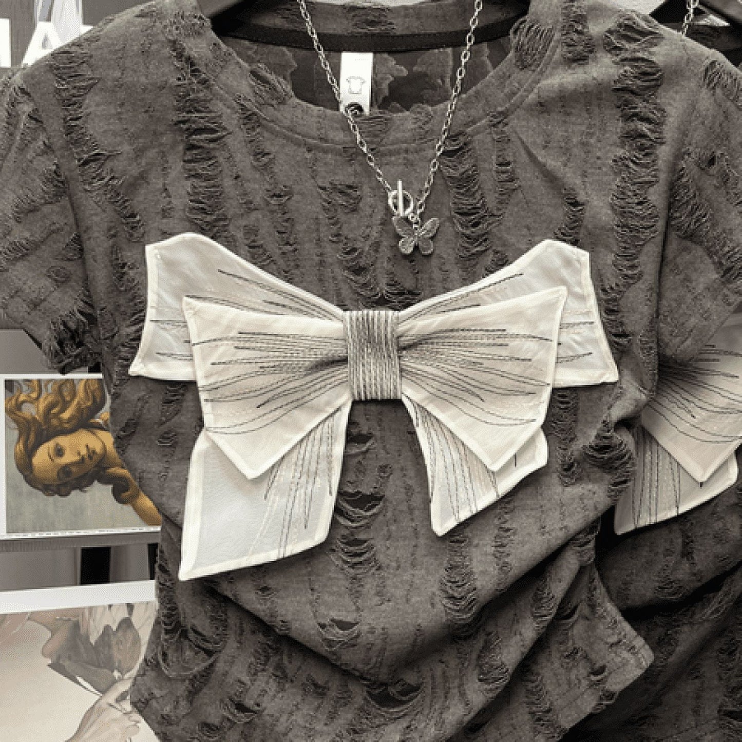 2024 Summer New Women's Crew Neck Hole Spliced Bow Solid Color Chic Slim Fashion Short Sleeve Commuter All-match T-shirt Tops