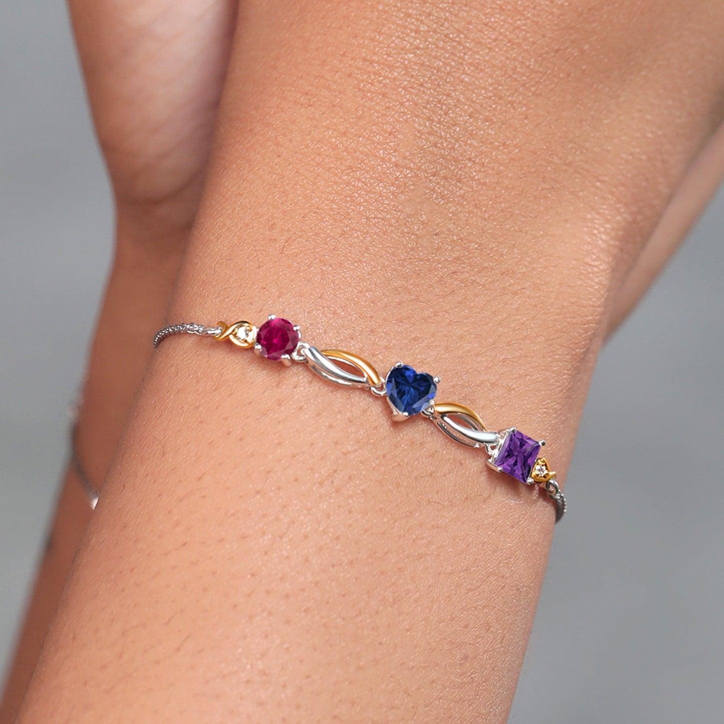 925 Silver and 10K Yellow Gold Red Created Ruby Blue Created Sapphire Purple Amethyst and Lab Grown Diamond Tennis Bracelet for Women By Keren Hanan (2.05 Cttw, Adjustable up To 9 inch)