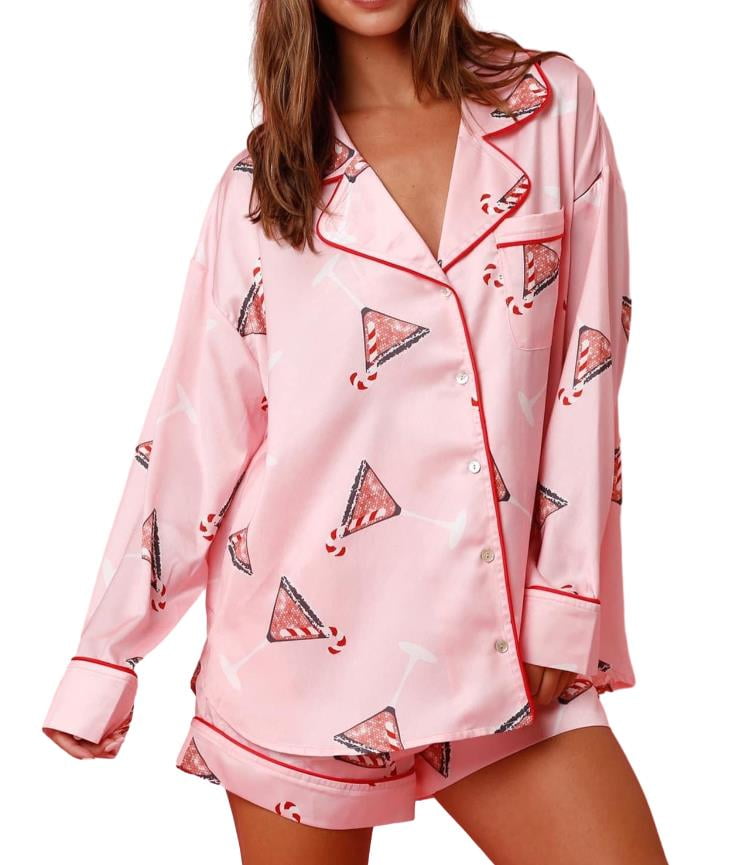 Women Christmas Satin Pajamas 2 Piece Set Plaid/Santa Print Long Sleeve Shirts Tops and Shorts 2 Piece Loungewear Sleepwear