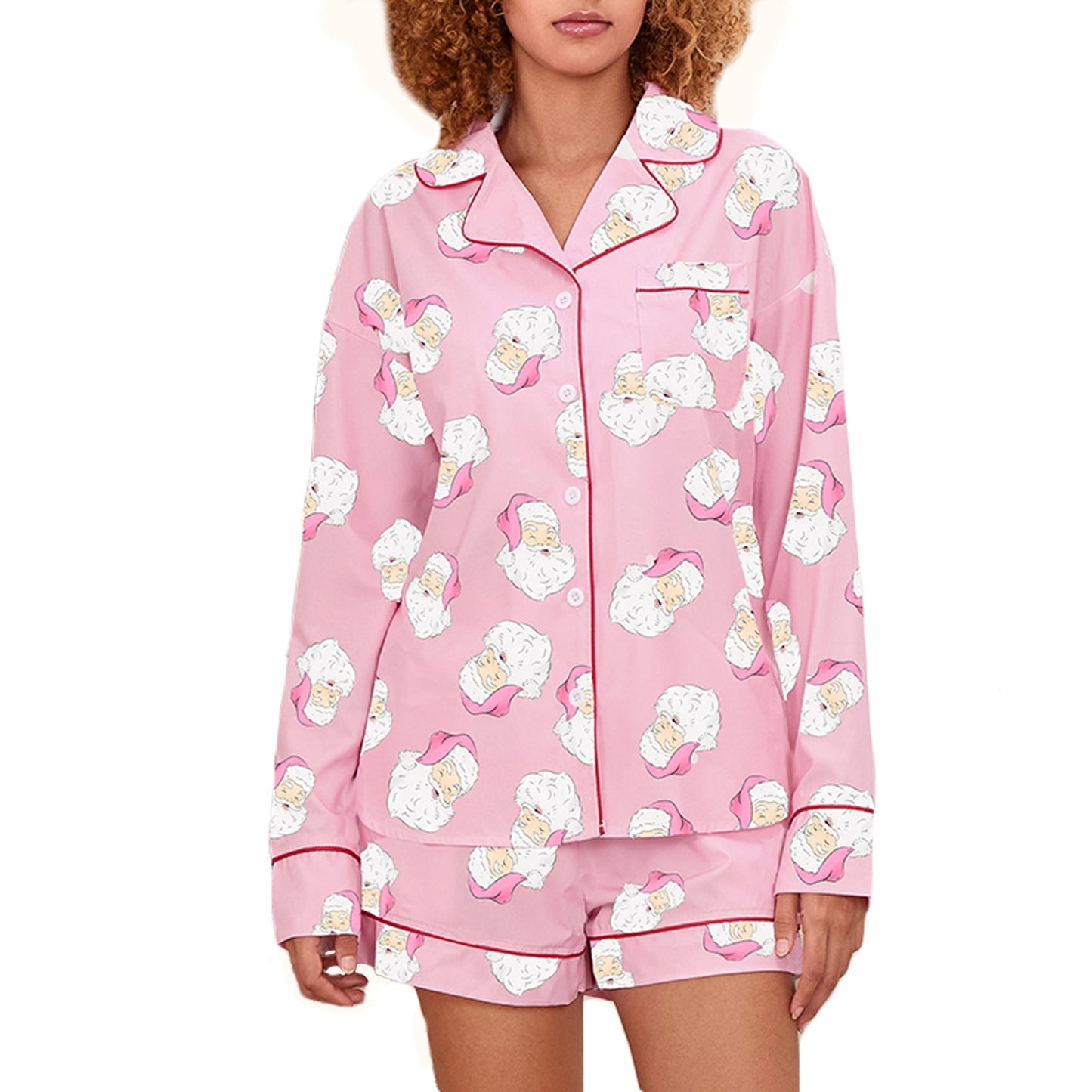 Women Christmas Satin Pajamas 2 Piece Set Plaid/Santa Print Long Sleeve Shirts Tops and Shorts 2 Piece Loungewear Sleepwear