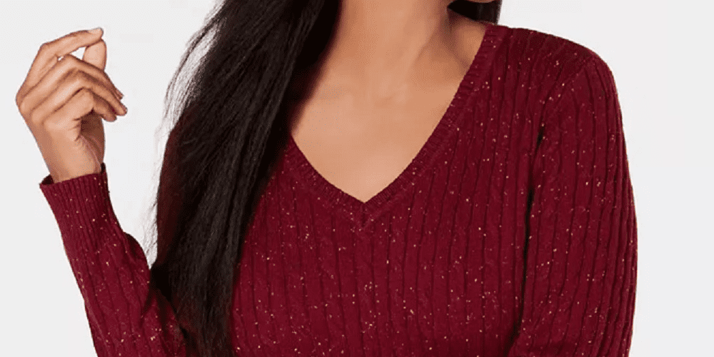 Karen Scott Women's Petite Cable-Knit V-Neck Sweater (PS, Merlot)