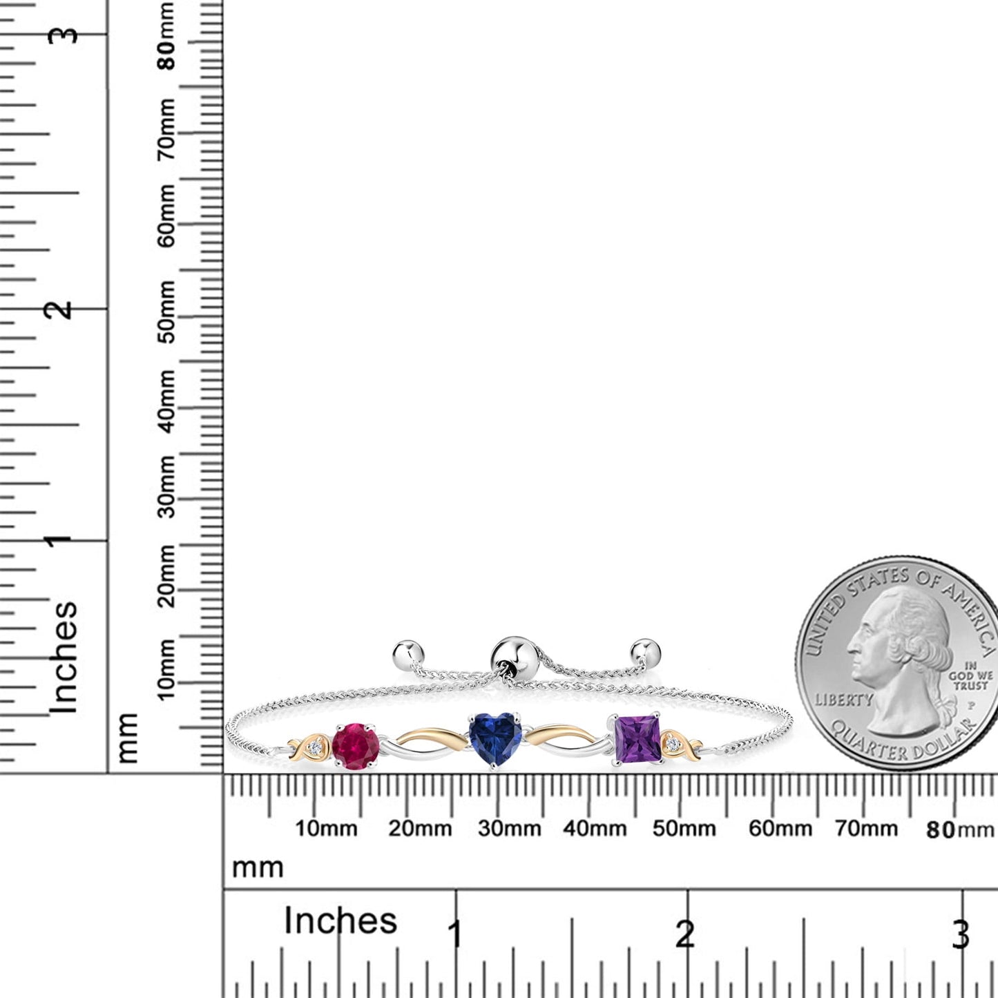 925 Silver and 10K Yellow Gold Red Created Ruby Blue Created Sapphire Purple Amethyst and Lab Grown Diamond Tennis Bracelet for Women By Keren Hanan (2.05 Cttw, Adjustable up To 9 inch)