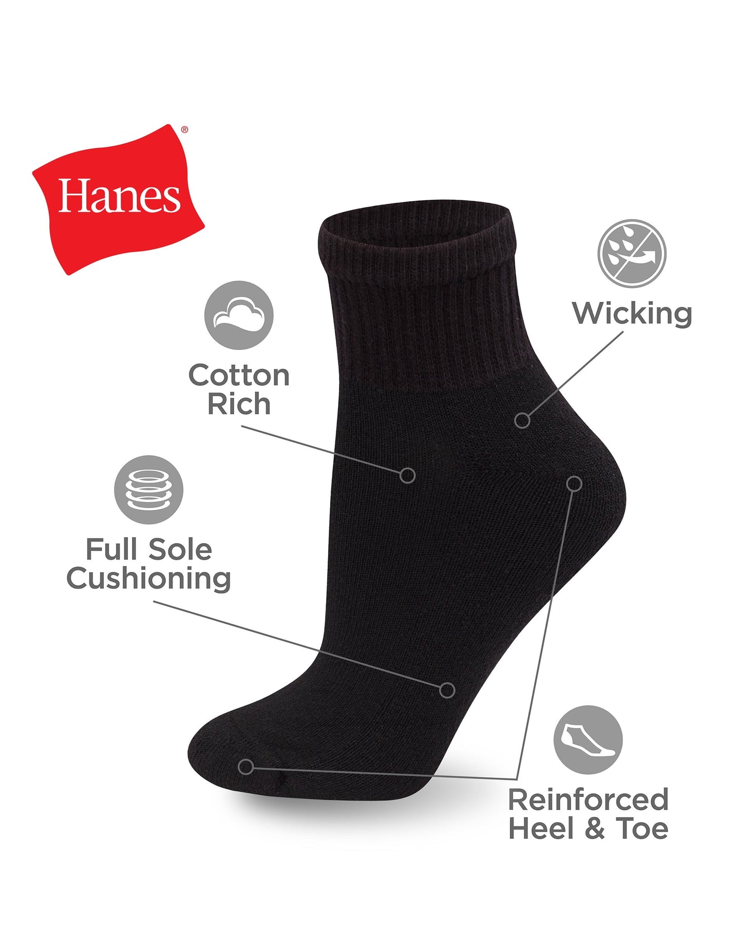 Hanes Women's Athletic Ankle Socks, Full Sole Cushion, 10-Pairs Black 5-9