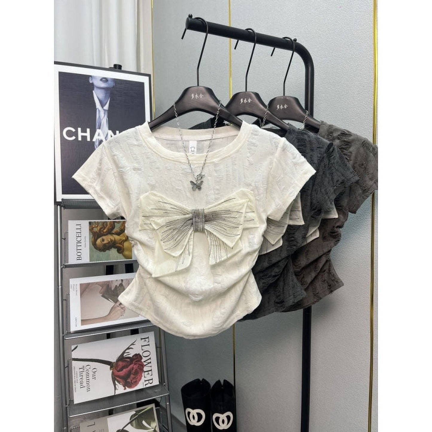 2024 Summer New Women's Crew Neck Hole Spliced Bow Solid Color Chic Slim Fashion Short Sleeve Commuter All-match T-shirt Tops