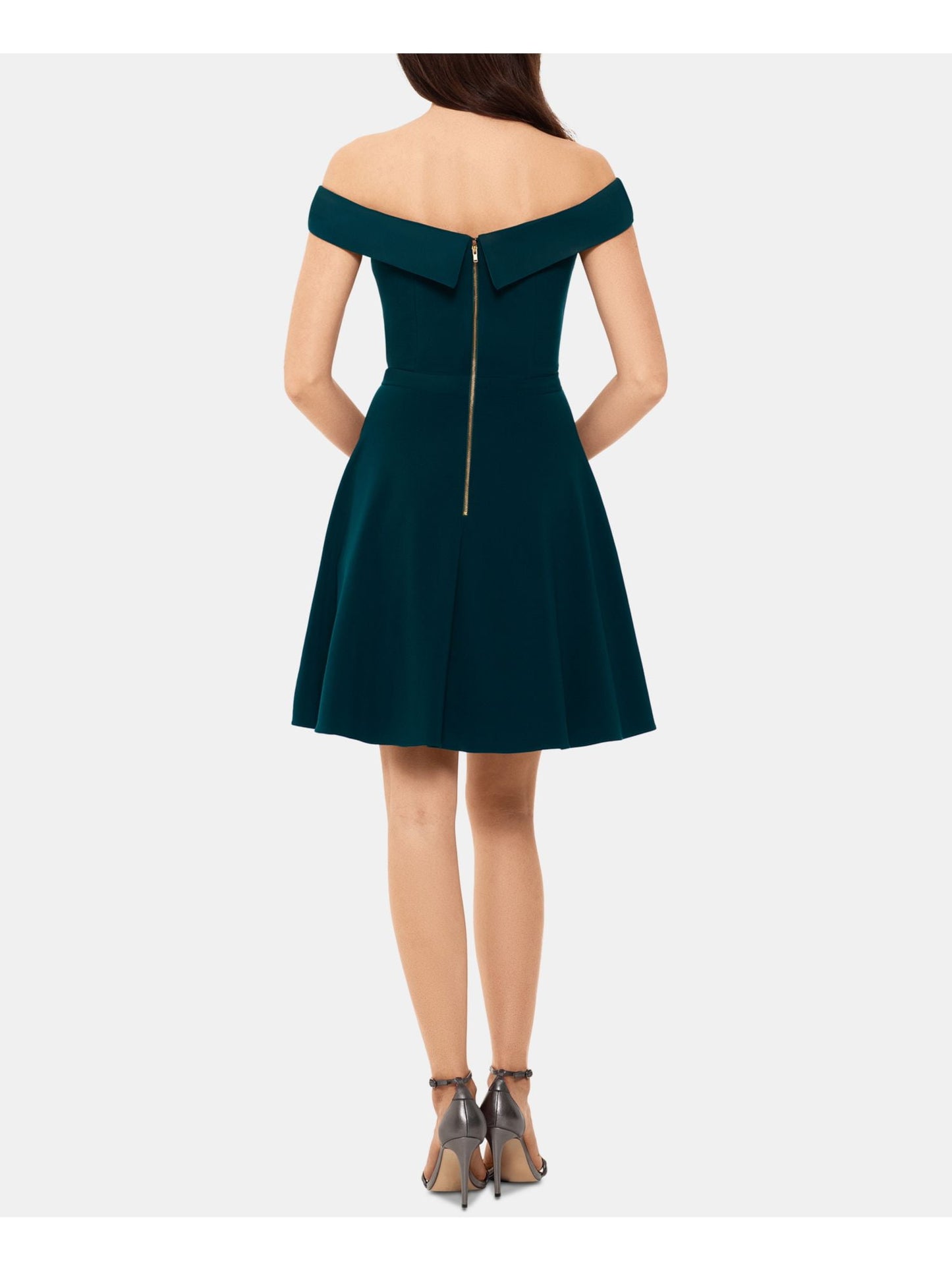 XSCAPE Womens Green Short Sleeve Off Shoulder Mini Formal Fit + Flare Dress Petites 6P
