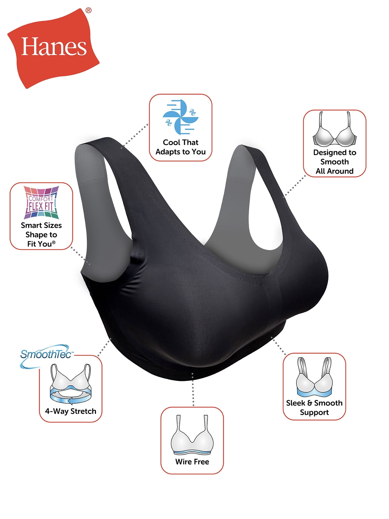 Hanes Womens Bralette, Invisible Embrace Pullover Bralette, Moisture-Wicking T-Shirt Bra