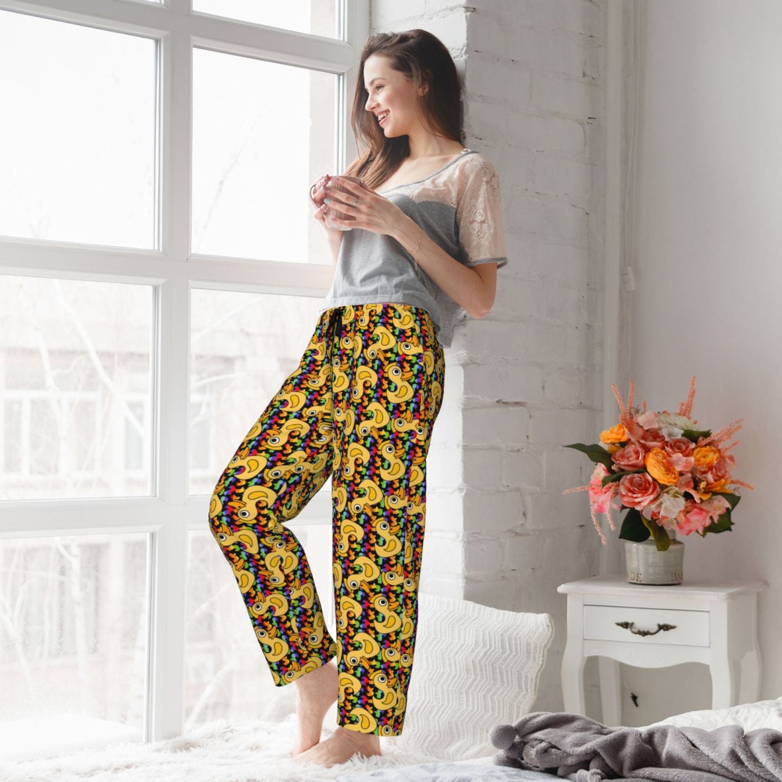 Gaeub Cartoon Ducks Soft Pajama Pants for Women,&nbsp;Wide Leg Comfy Casual Lounge Yoga Capri Pants Wide Leg-