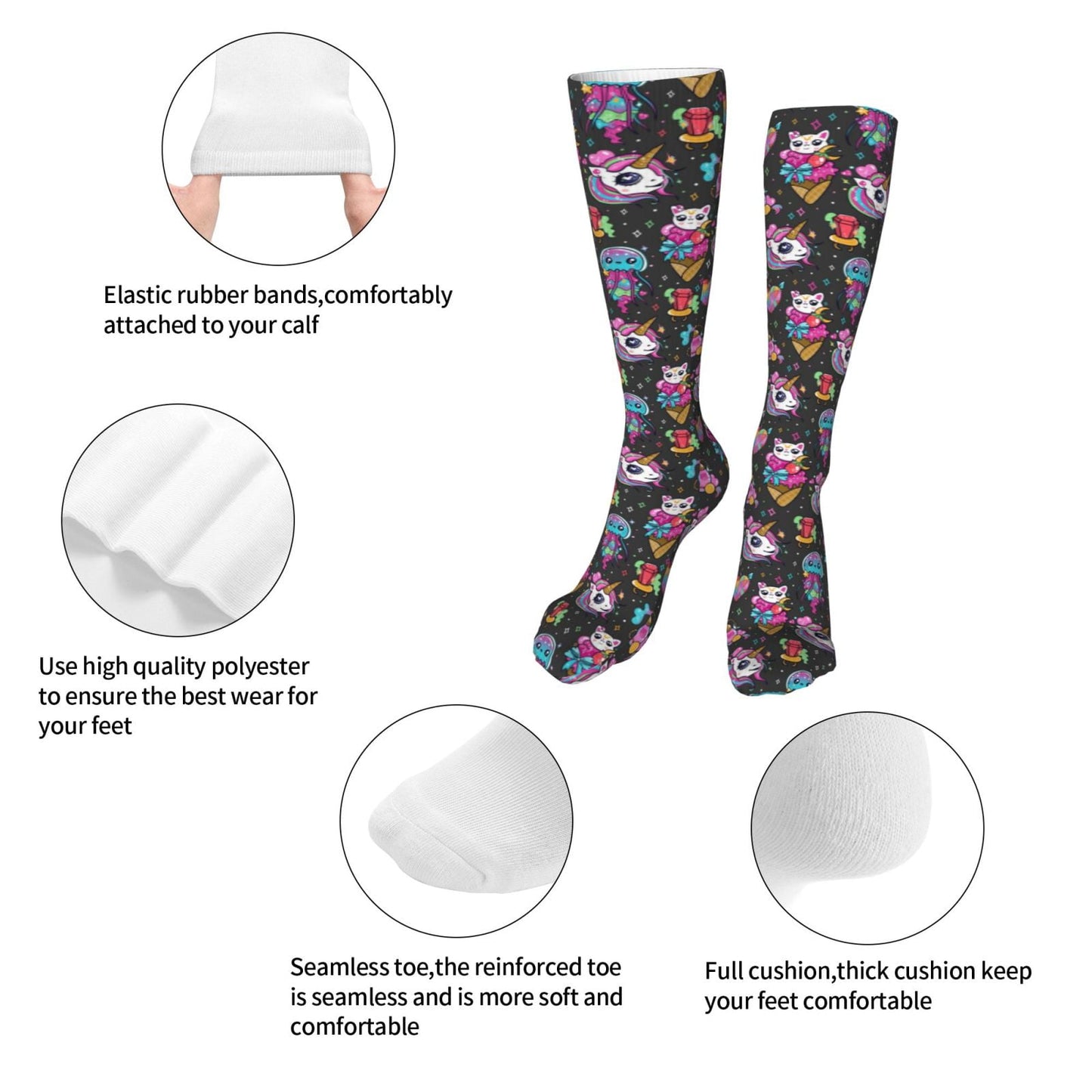 Sikiie Rainbow Unicorn And Cat Icecream High Stockings Women Thigh High Stockings Over Knee Long Stockings-One Size