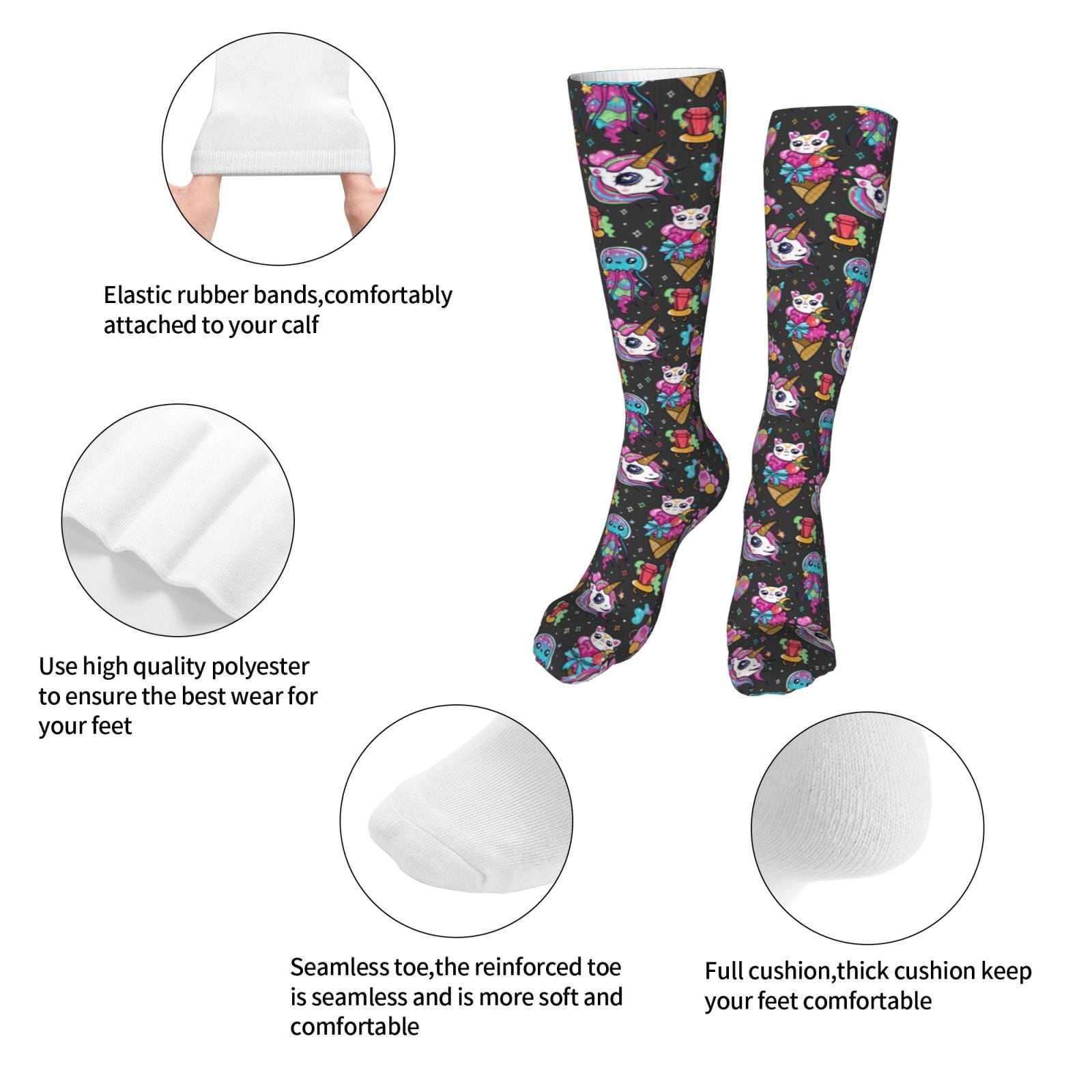 Sikiie Rainbow Unicorn And Cat Icecream High Stockings Women Thigh High Stockings Over Knee Long Stockings-One Size