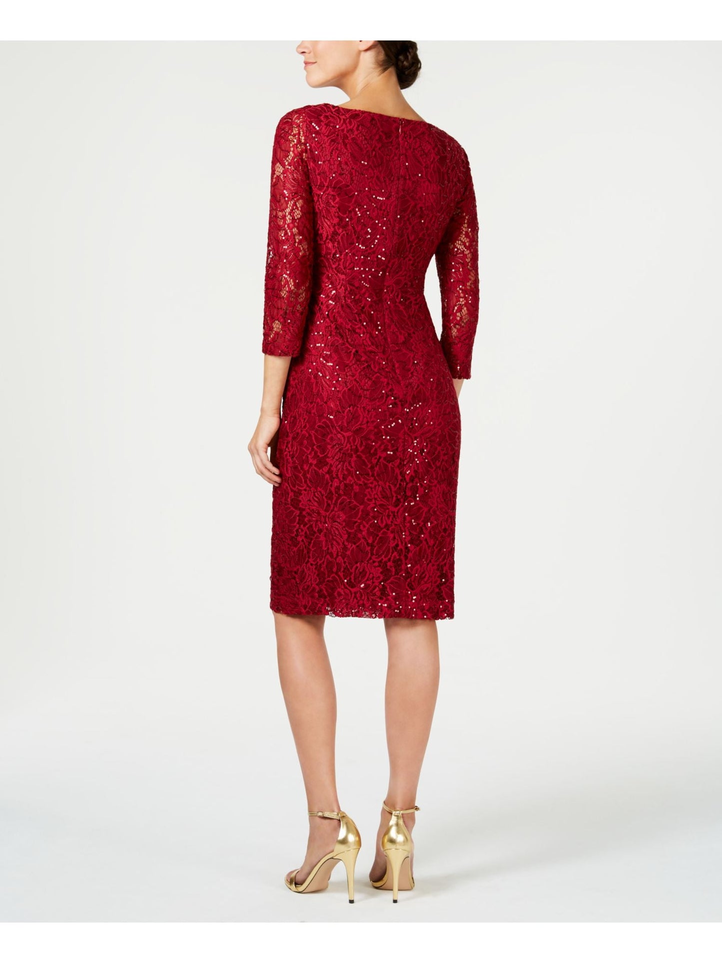 JESSICA HOWARD Womens Red Sequined Long Sleeve Jewel Neck Below The Knee Cocktail Sheath Dress Petites 8P