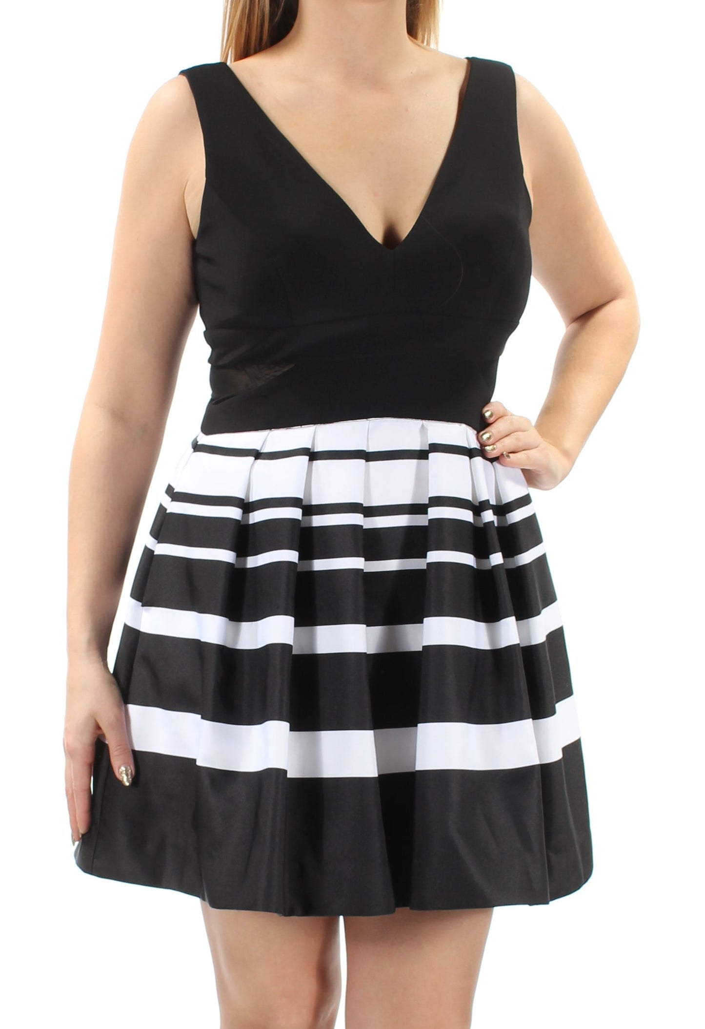 Xscape Women's Petite Illusion Striped Fit & Flare Dress (12P, Black/White)