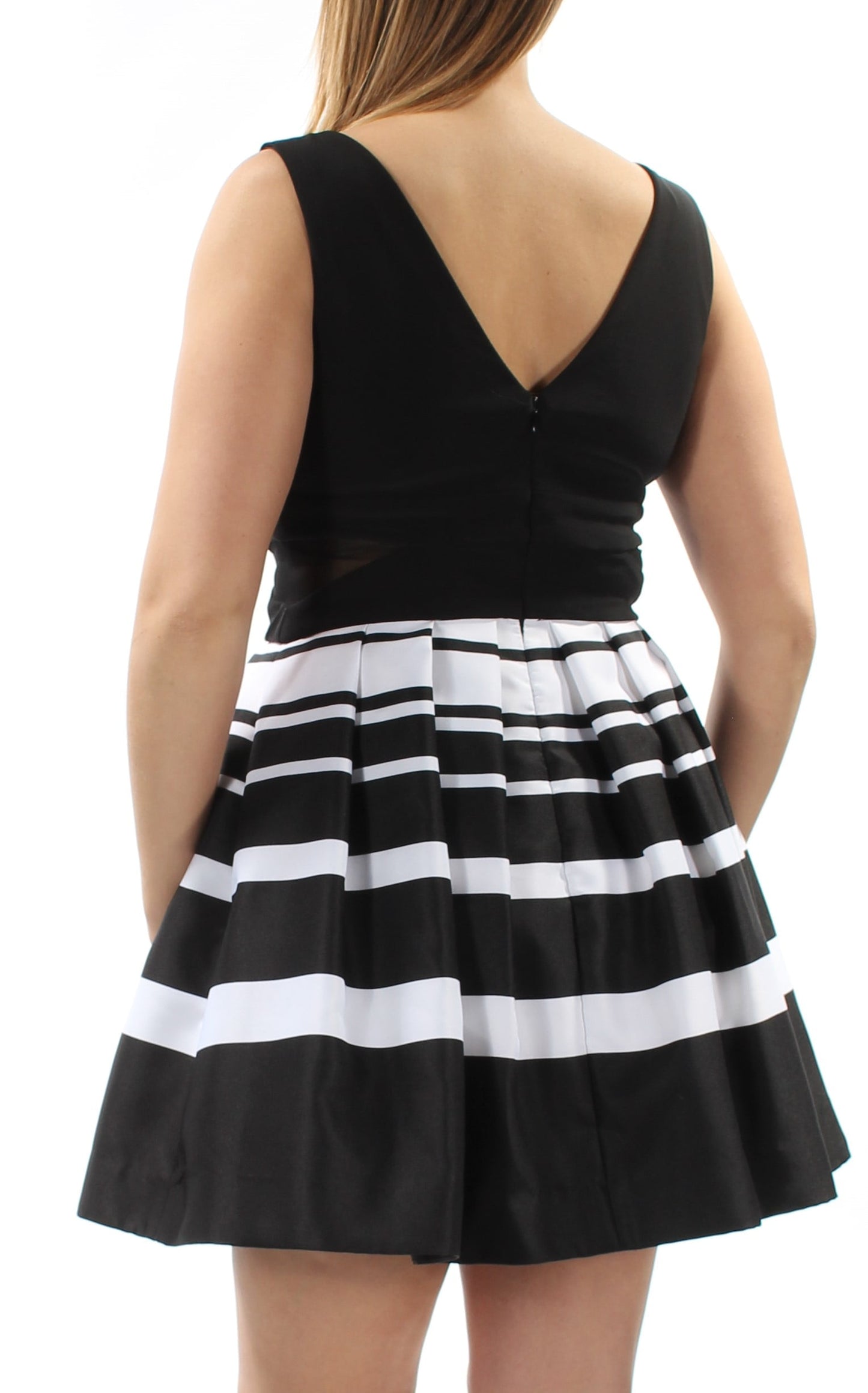Xscape Women's Petite Illusion Striped Fit & Flare Dress (12P, Black/White)