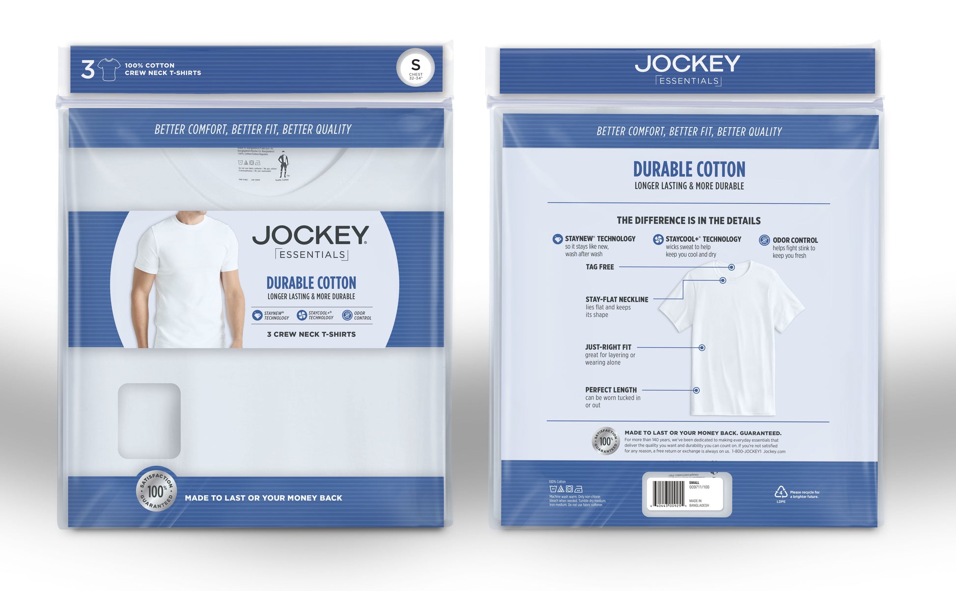 Jockey® Essentials Men's 100% Cotton T-shirt, 3 Pack, Undershirts, Comfort Crew Neck Style, Staycool+ Technology, Sizes Small, Medium, Large, Extra Large, 2XL, 3XL, 6803