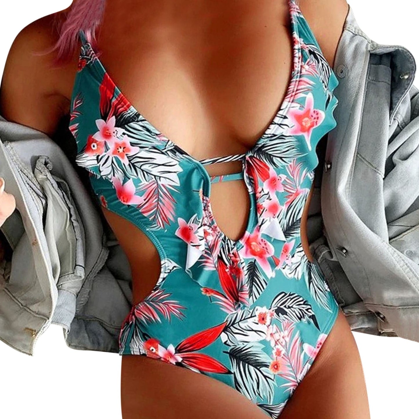 Women's One-Piece Swimdress Bathing Suit V Neck Tummy Control Bathing Suits for Teens