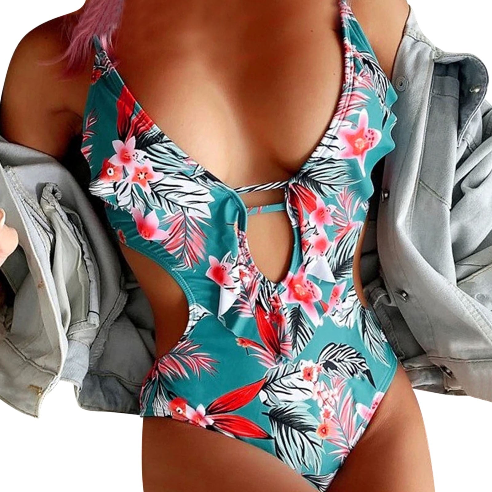 Women's One-Piece Swimdress Bathing Suit V Neck Tummy Control Bathing Suits for Teens