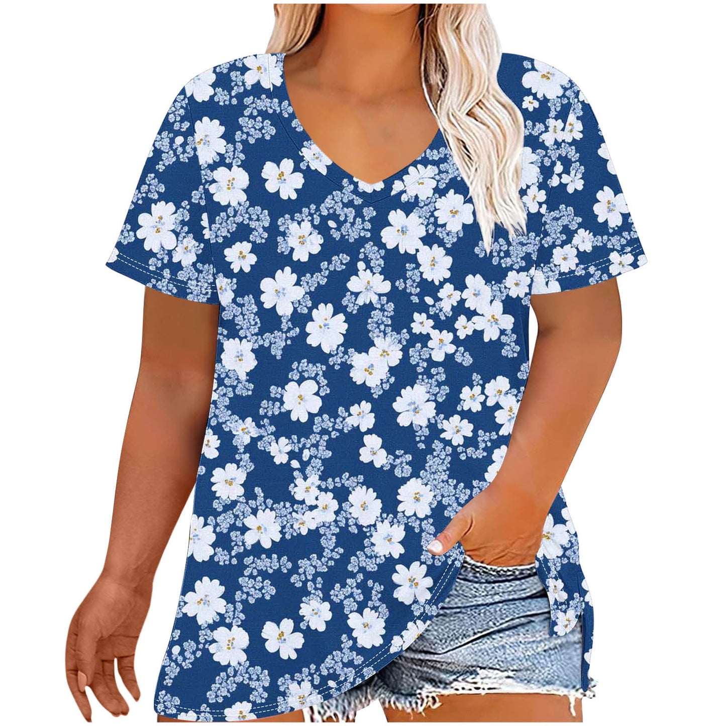 Ofreoo Women's Plus-Size V-Neck Short Sleeve Printing Base Shirt on Clearance