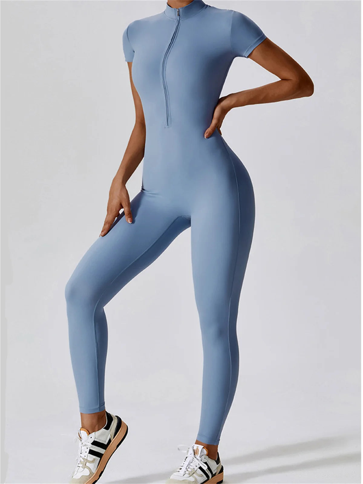 Yoga Jumpsuit Women Front Zipper Short Sleeve Scrunch One Piece Sports Suit Outdoor Gym Cycling Push Up Workout Clothes Bodysuit