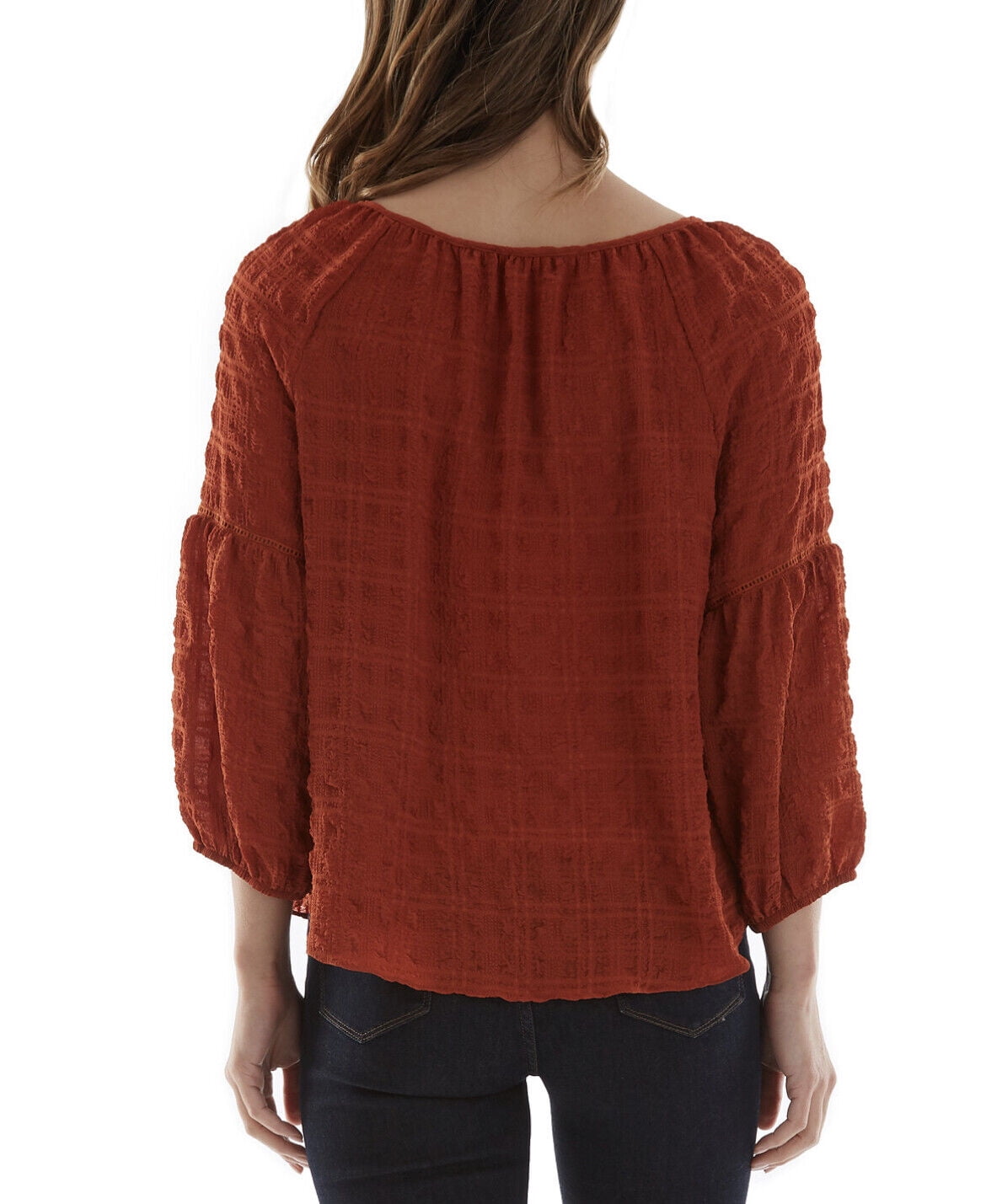 BCX Juniors' 3/4-Sleeves Plaid Peasant Blouse Round Neckline Paprika Size M