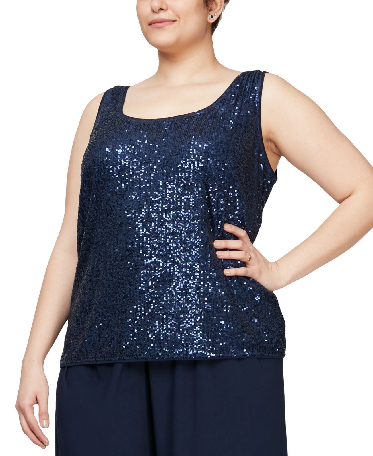 Alex Evenings Womens Plus Size Cascade Ruffle Jacket & Sequinned Tank Top Set, Navy/1X