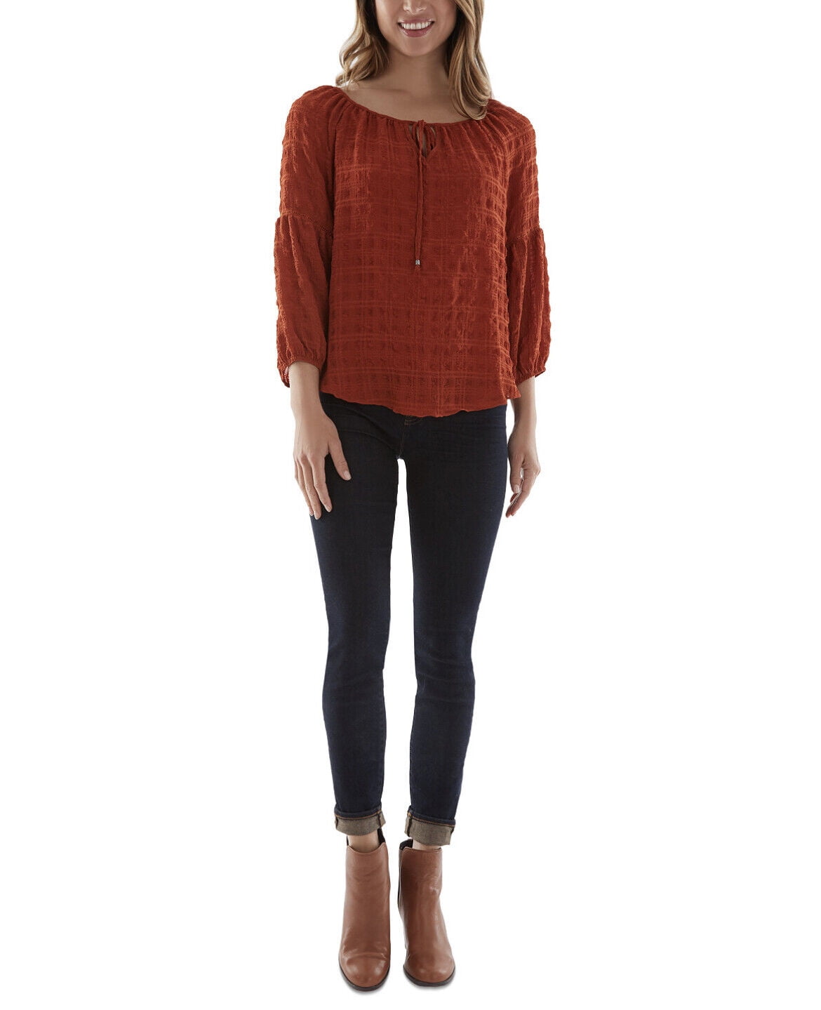 BCX Juniors' 3/4-Sleeves Plaid Peasant Blouse Round Neckline Paprika Size M