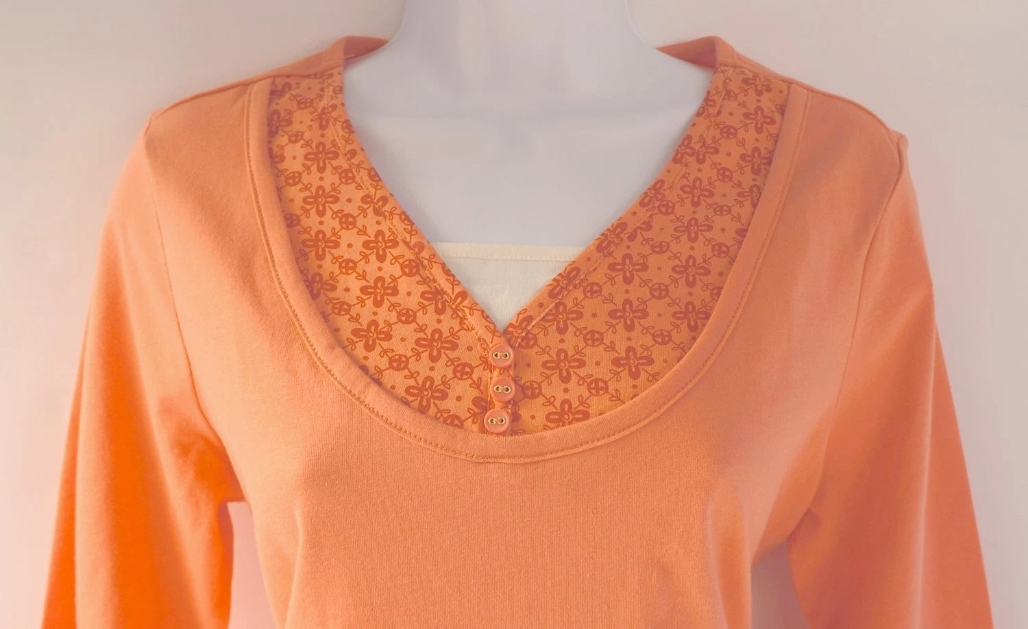 Basic Editions Orange Layered Three-Quarter Sleeve Henley Shirt Top, Women's Large