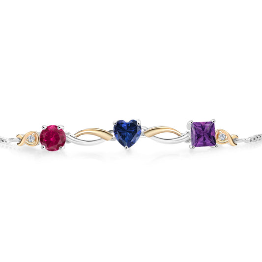 925 Silver and 10K Yellow Gold Red Created Ruby Blue Created Sapphire Purple Amethyst and Lab Grown Diamond Tennis Bracelet for Women By Keren Hanan (2.05 Cttw, Adjustable up To 9 inch)