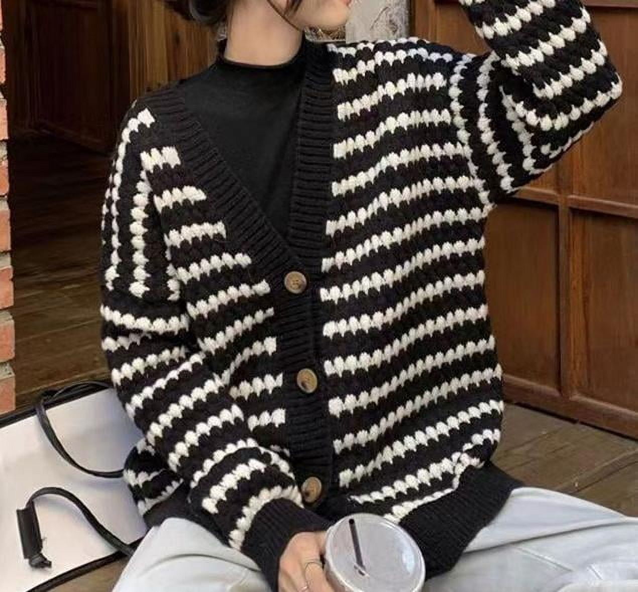 Women Sweaters Coat Striped Knitted Cardigans Deep V neck Plus Size Autumn Tops Winter Undershirts black white US size6-16