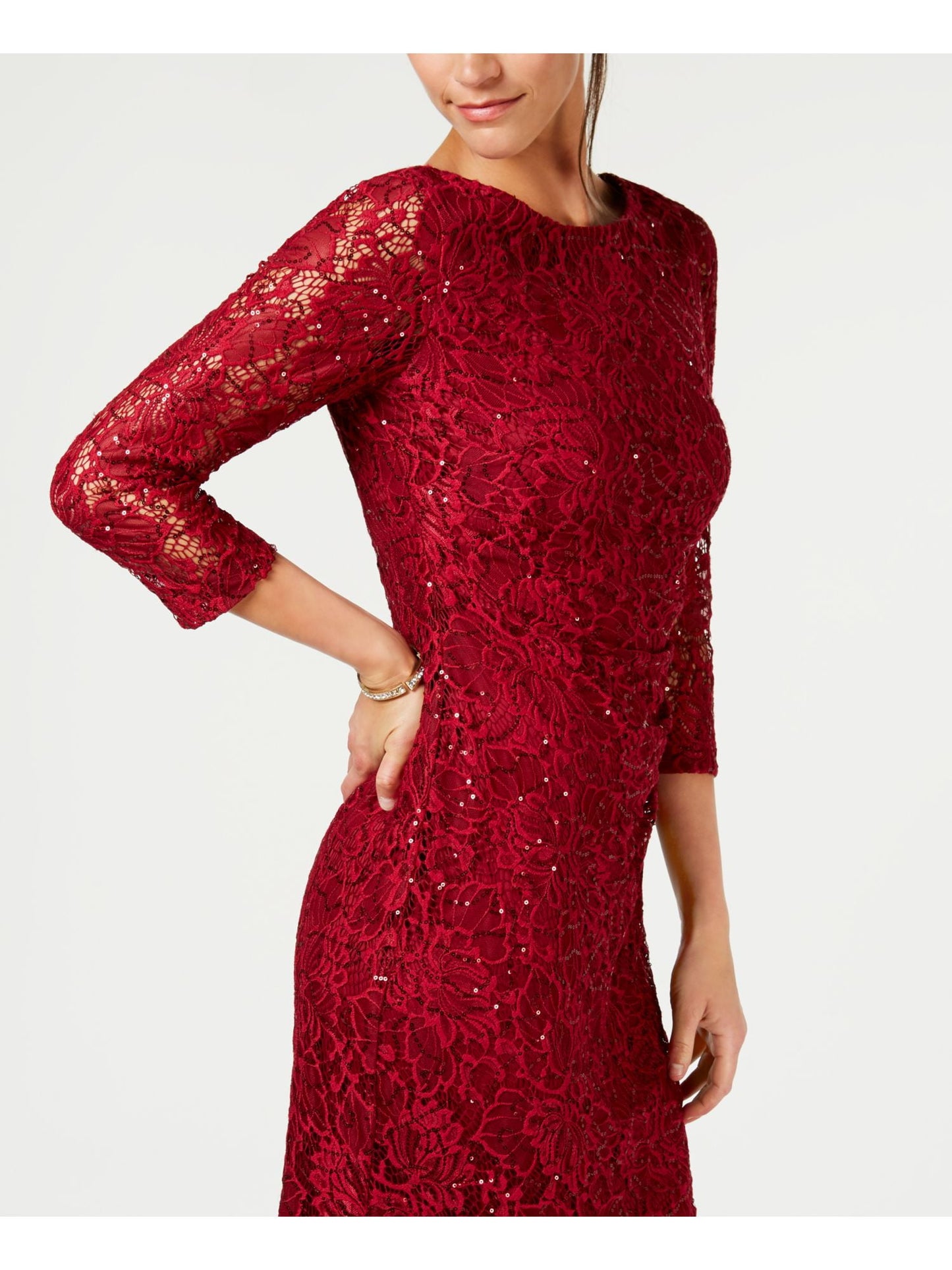 JESSICA HOWARD Womens Red Sequined Long Sleeve Jewel Neck Below The Knee Cocktail Sheath Dress Petites 8P
