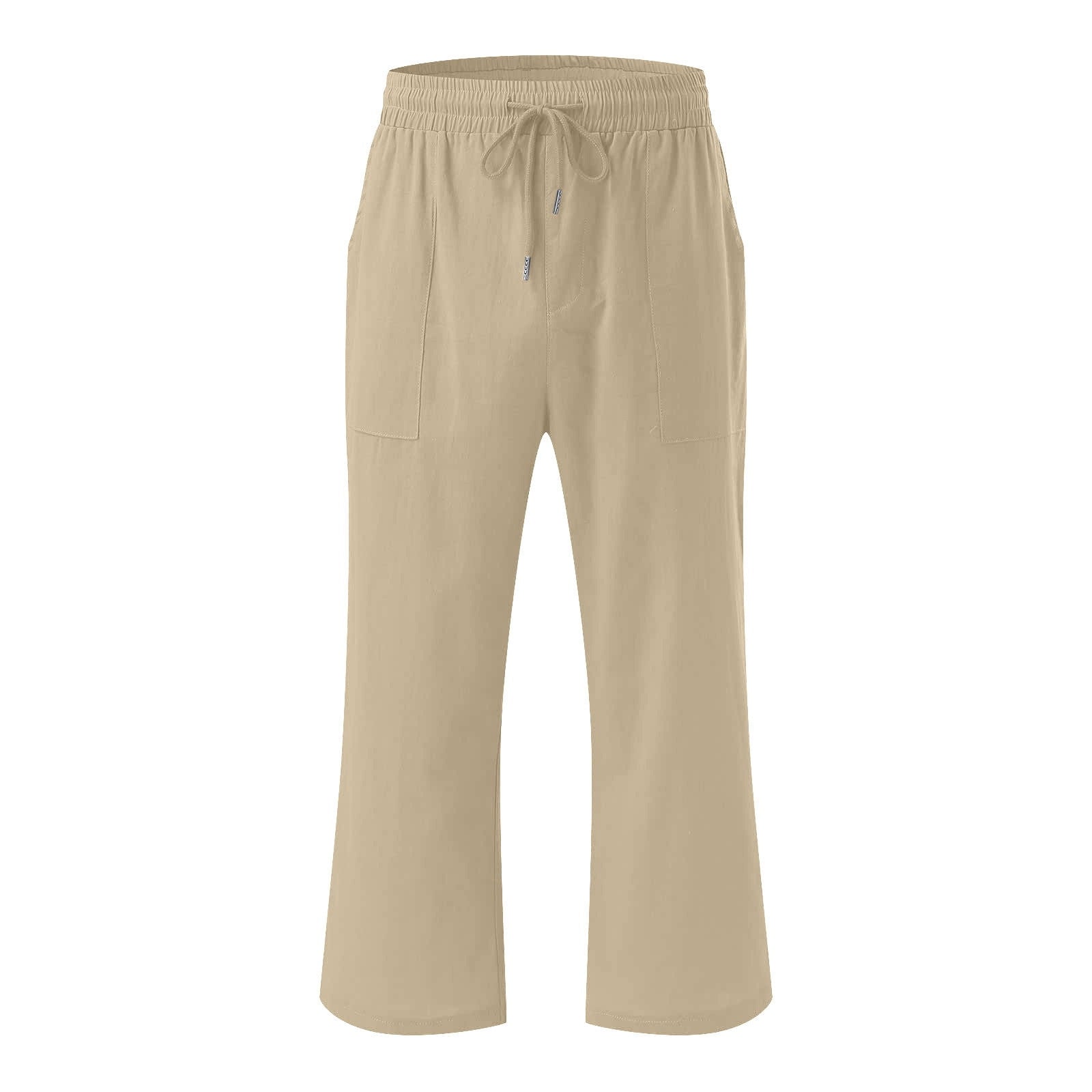 Women Plus Size Cotton Linen Capris Casual Solid Drawstring Elastic High Waist Pants with Pockets Loose Wide Leg Trousers(5XL,Khaki)
