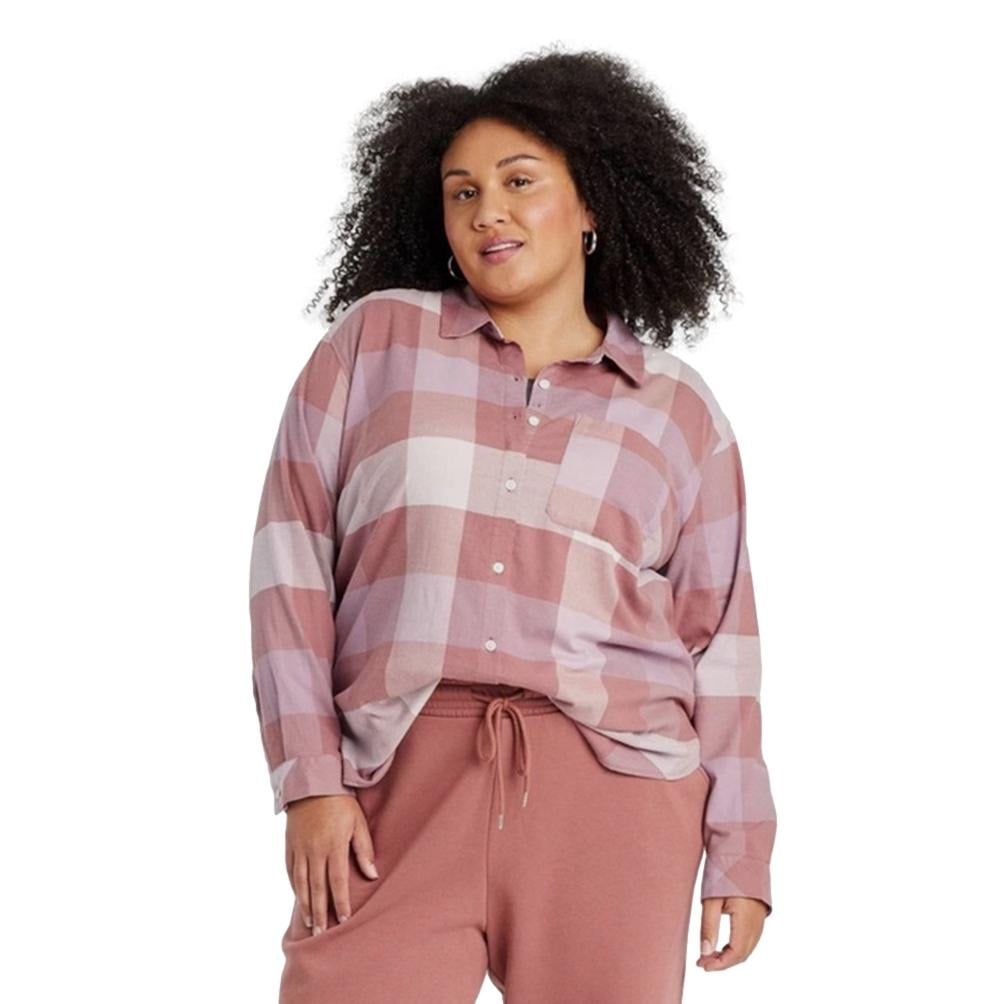 Ava Viv Women's Flannel Shirt in Blush Plaid Size 1X