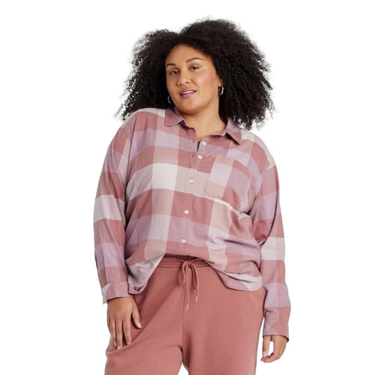 Ava Viv Women's Flannel Shirt in Blush Plaid Size 1X