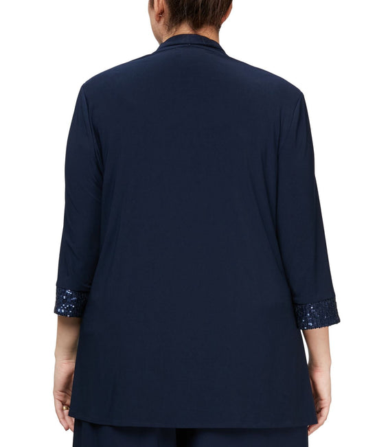 Alex Evenings Womens Plus Size Cascade Ruffle Jacket & Sequinned Tank Top Set, Navy/1X