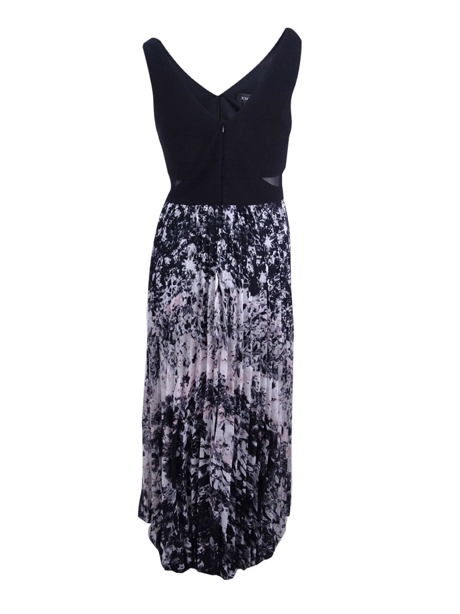 Xscape Women's Illusion Printed Pleated Chiffon Gown (4, Black/White/Pink)