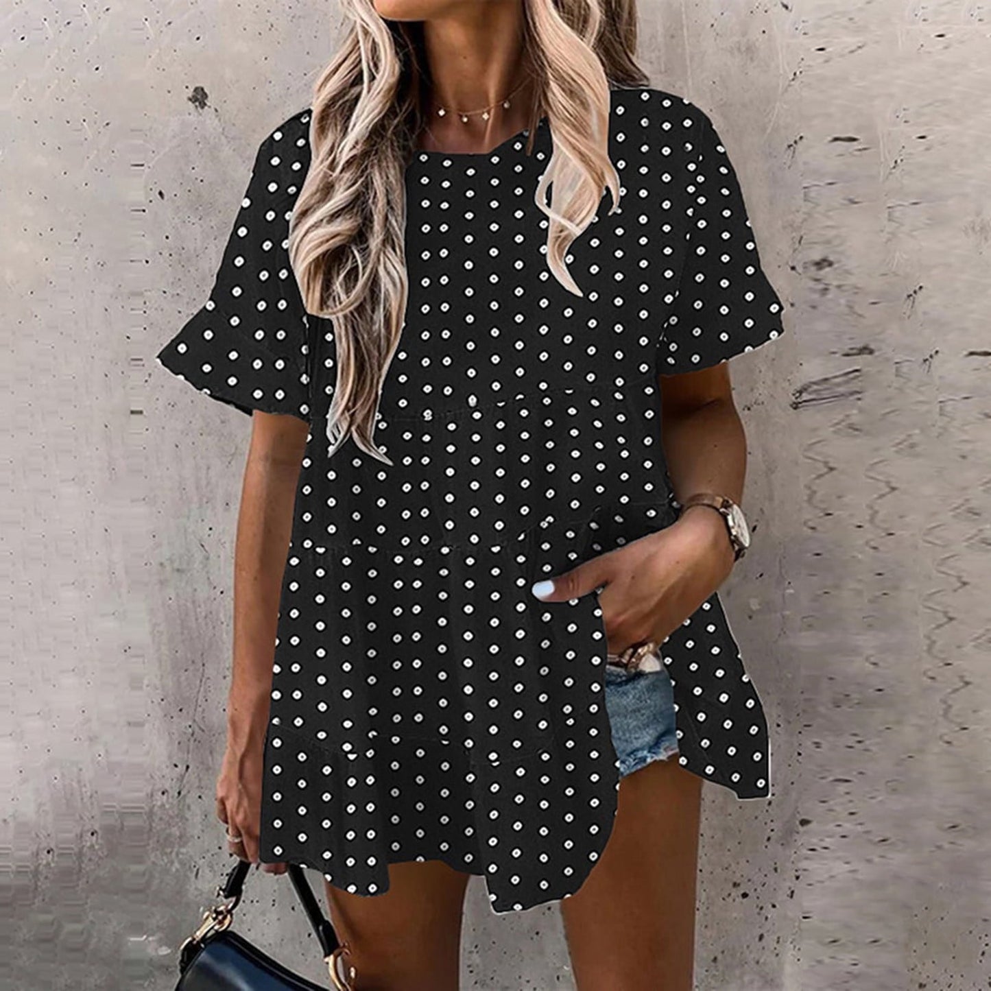 Bospose O-Neck Sweatshirts And Hoodies Women Girl Short Sleeve Top Black Dress Shirt Fashion Woman Rounk Neck Summer Blouse T-Shirt Causal Print Tops Lady Top S