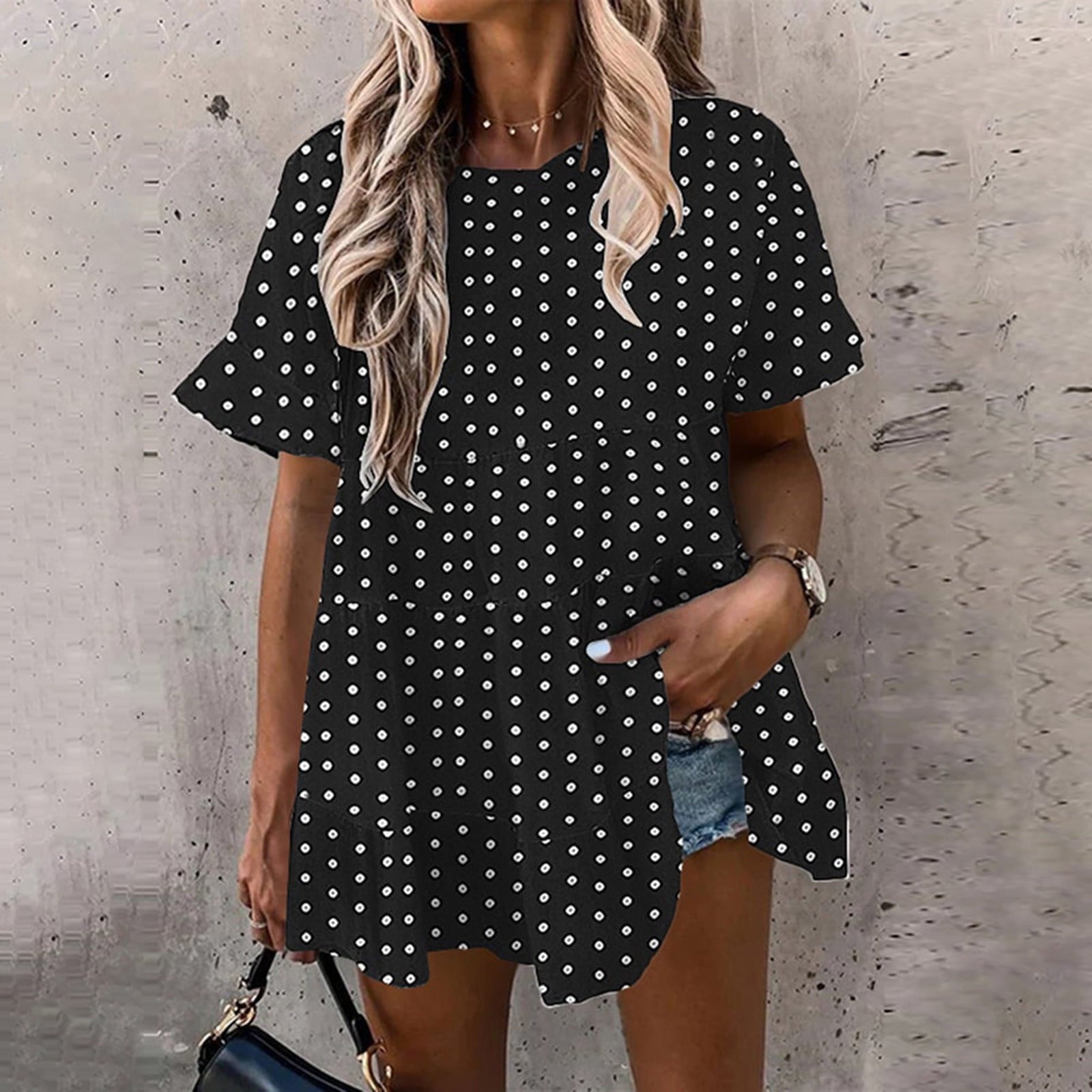 Bospose O-Neck Sweatshirts And Hoodies Women Girl Short Sleeve Top Black Dress Shirt Fashion Woman Rounk Neck Summer Blouse T-Shirt Causal Print Tops Lady Top S