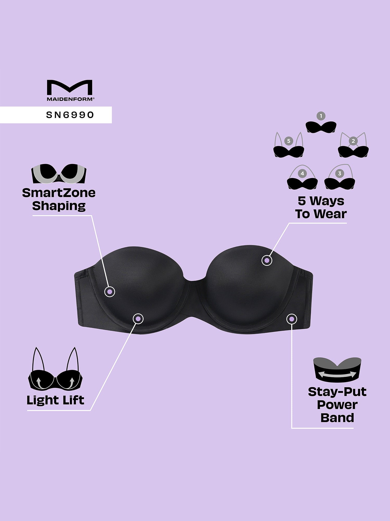 Maidenform Women's Stay Put Strapless Push Up Underwire Bra, Style SN6990