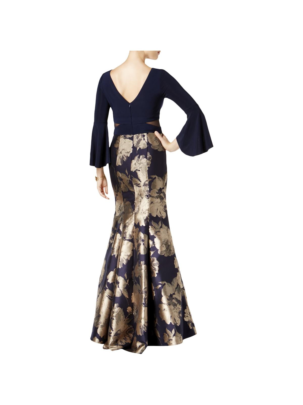 XSCAPE Womens Navy Metallic Brocade Bell Sleeve V Neck Full-Length Mermaid Formal Dress  Size: 6