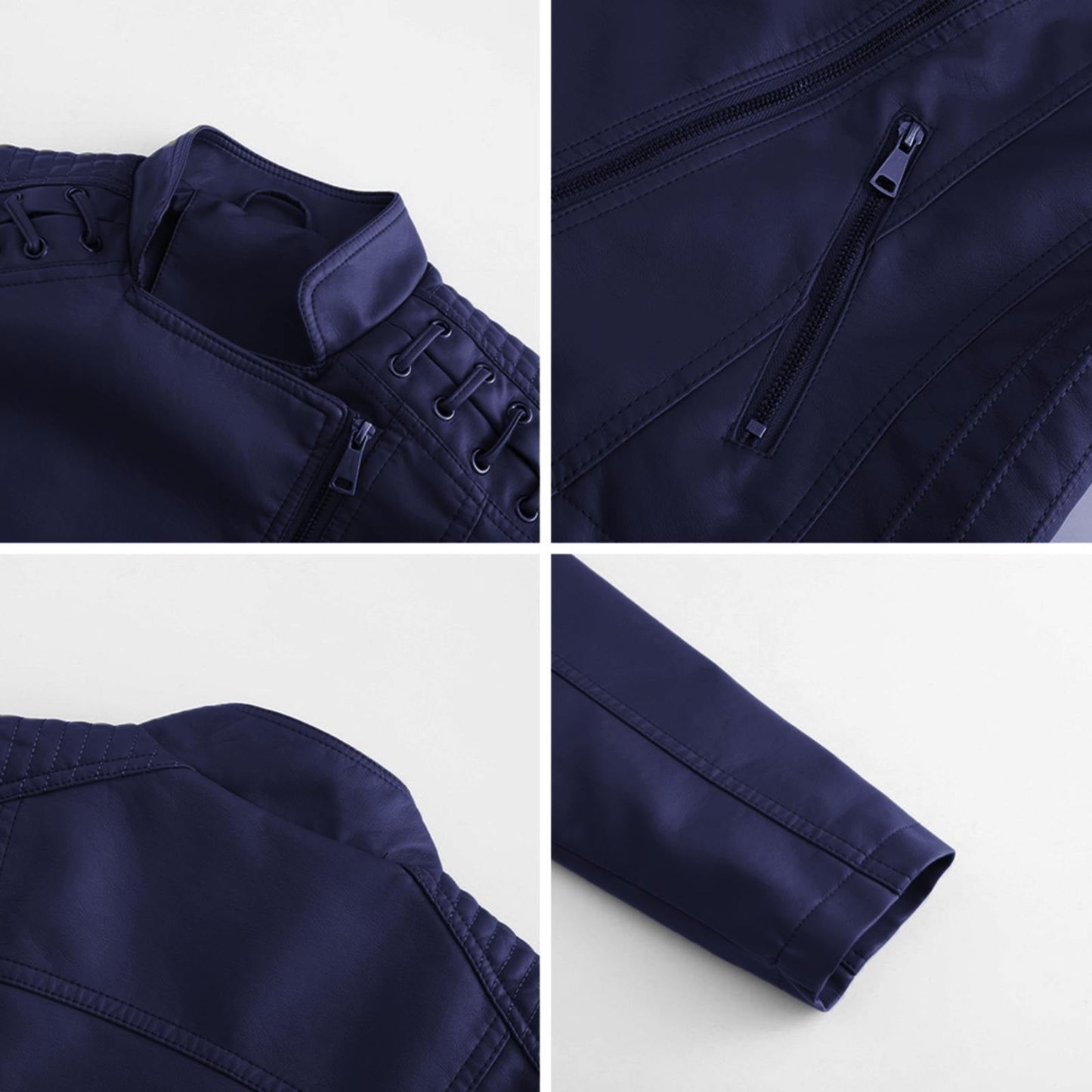 HYwys Leather Jacket Women Slim Fit Leather Jacket Womens Thin Lapel Collar Motorcycle Jacket Leather Transitional Jacket Womens Coats Dark Blue L