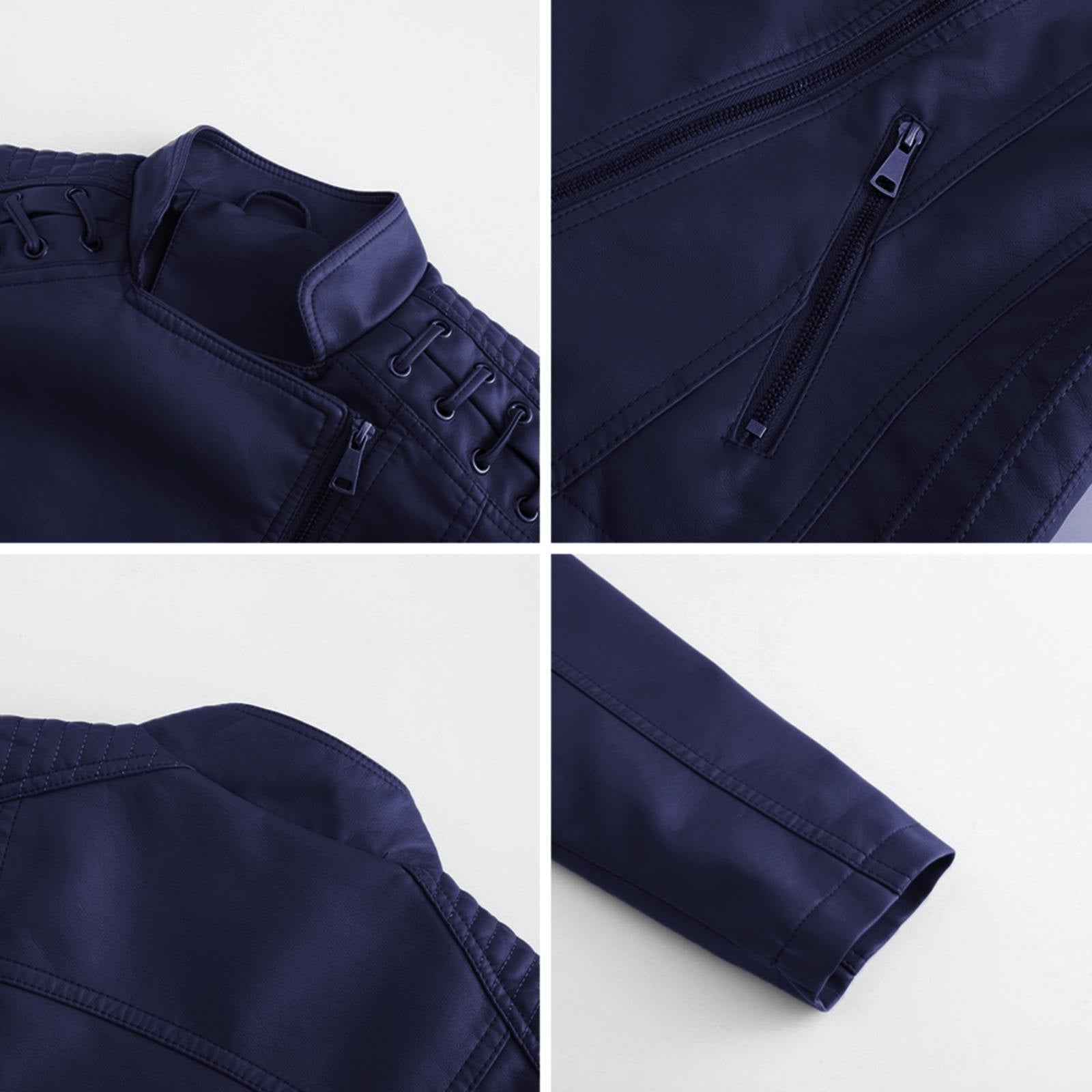 HYwys Leather Jacket Women Slim Fit Leather Jacket Womens Thin Lapel Collar Motorcycle Jacket Leather Transitional Jacket Womens Coats Dark Blue L
