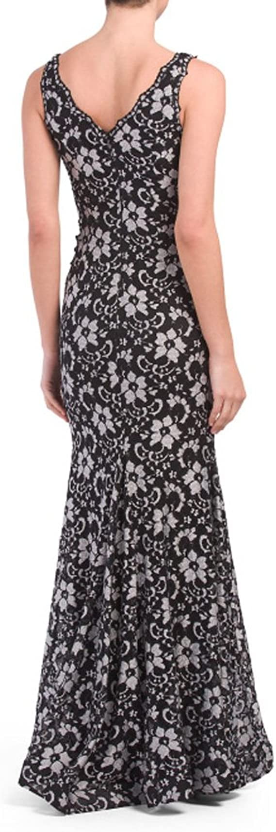 Xscape Long Lace V-Neck Gown Dress, Black/Silver - 8