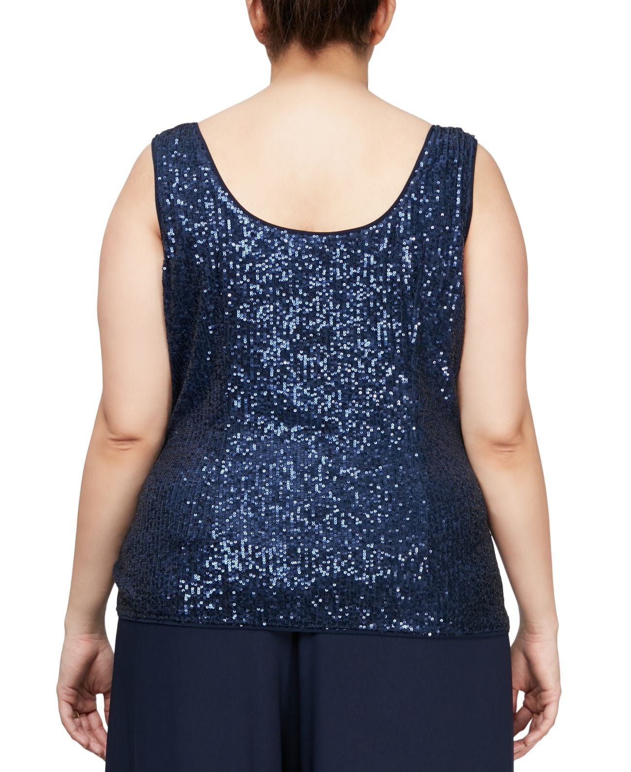 Alex Evenings Womens Plus Size Cascade Ruffle Jacket & Sequinned Tank Top Set, Navy/1X