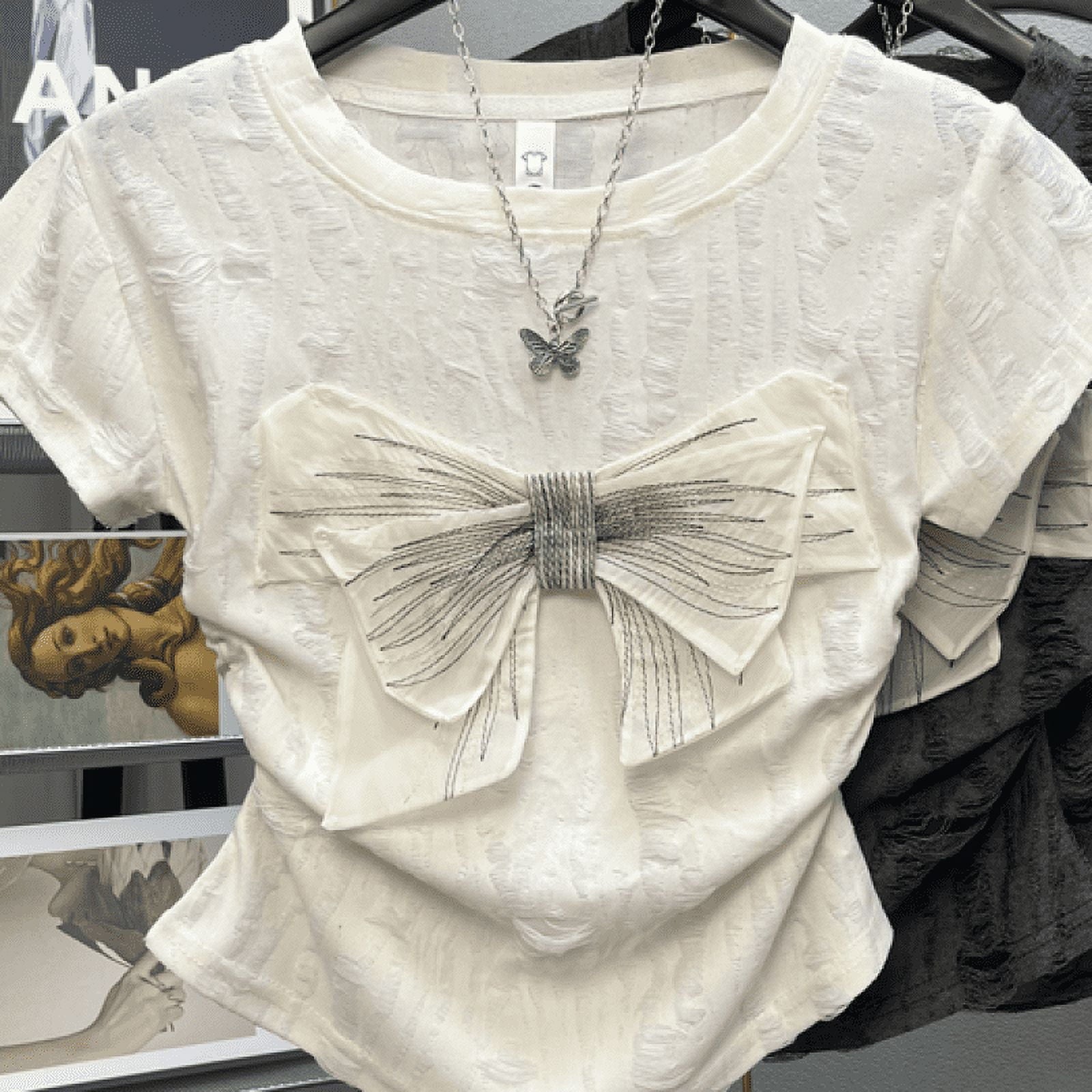 2024 Summer New Women's Crew Neck Hole Spliced Bow Solid Color Chic Slim Fashion Short Sleeve Commuter All-match T-shirt Tops